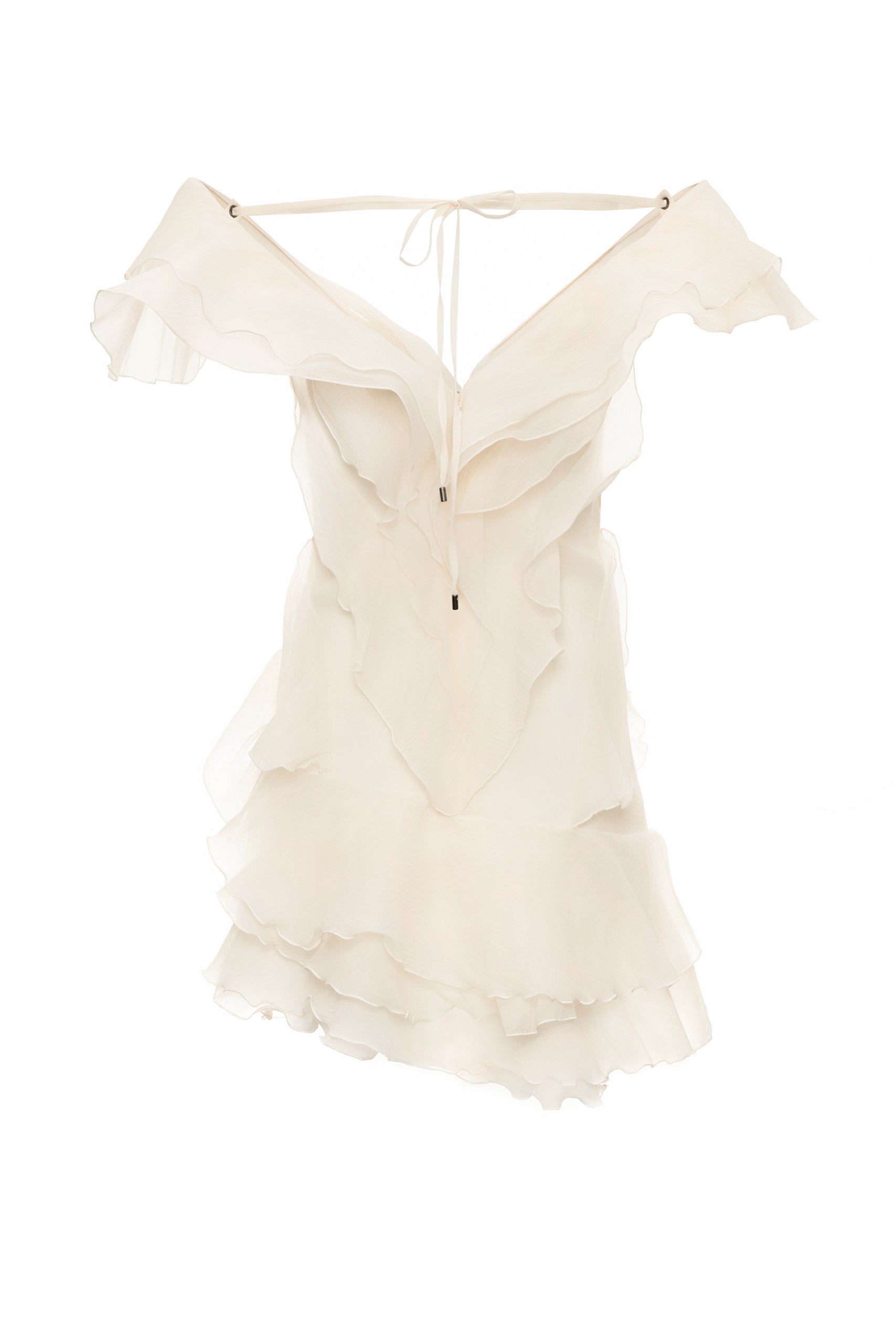 THEIA STRAPLESS RUFFLE MINI DRESS, BEIGE