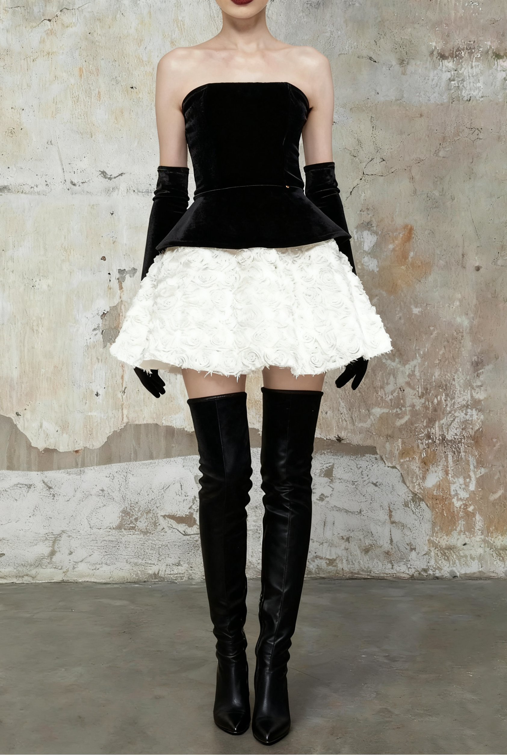 77_bc8ce77b-ae96-43f8-8edc-9118b61df032 PETAL VELVET TOP & MINI SKIRT SUIT - BLACK/WHITE