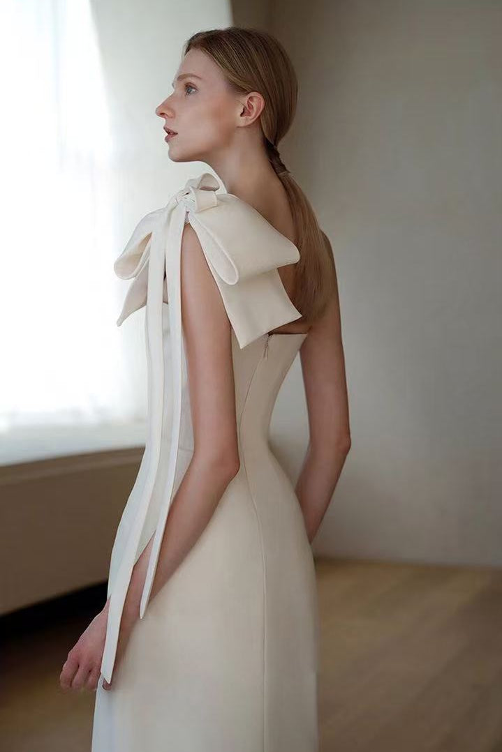 ESTELLE WHITE OFF-SHOULDER SATIN MIDI BOW DRESS