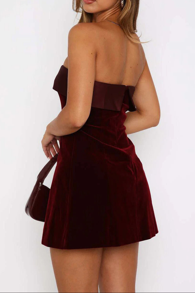 MAUD VELVET STRAPLESS BODYCON MINI DRESS WINE