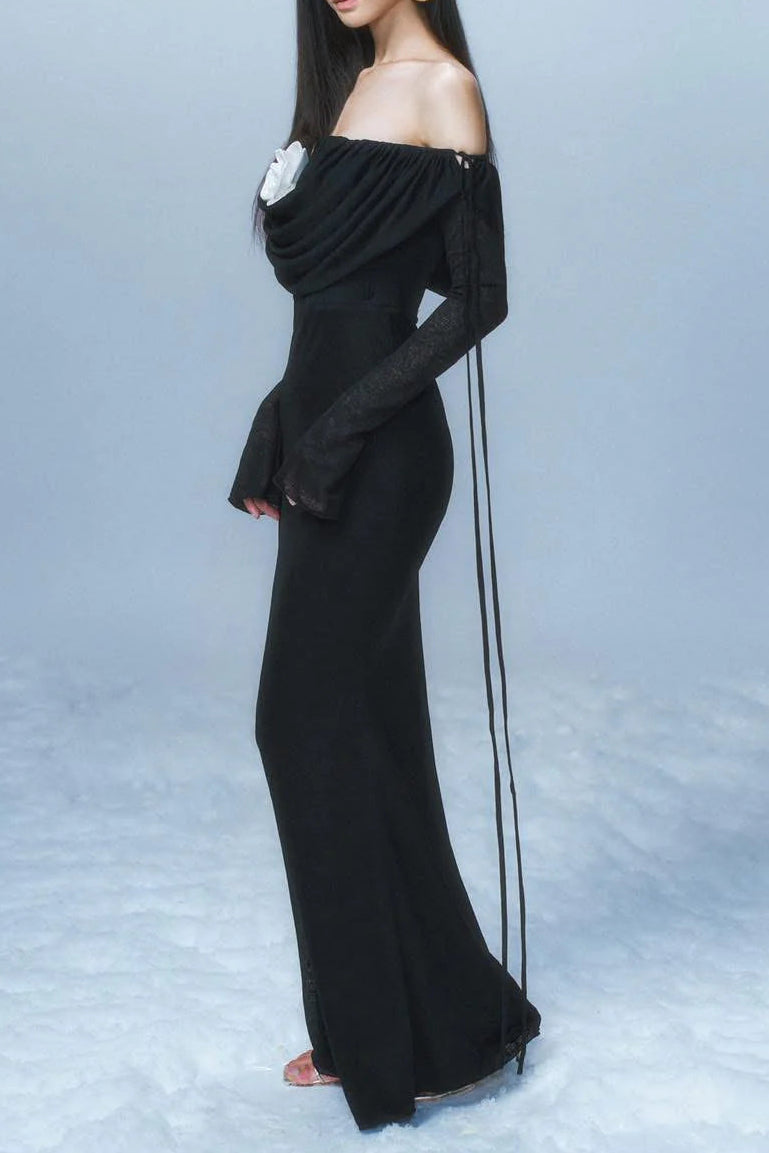 LILA BLACK PLEATED STRAPLESS MAXI DRESS WITH FLOWER EMBELLISHMENT