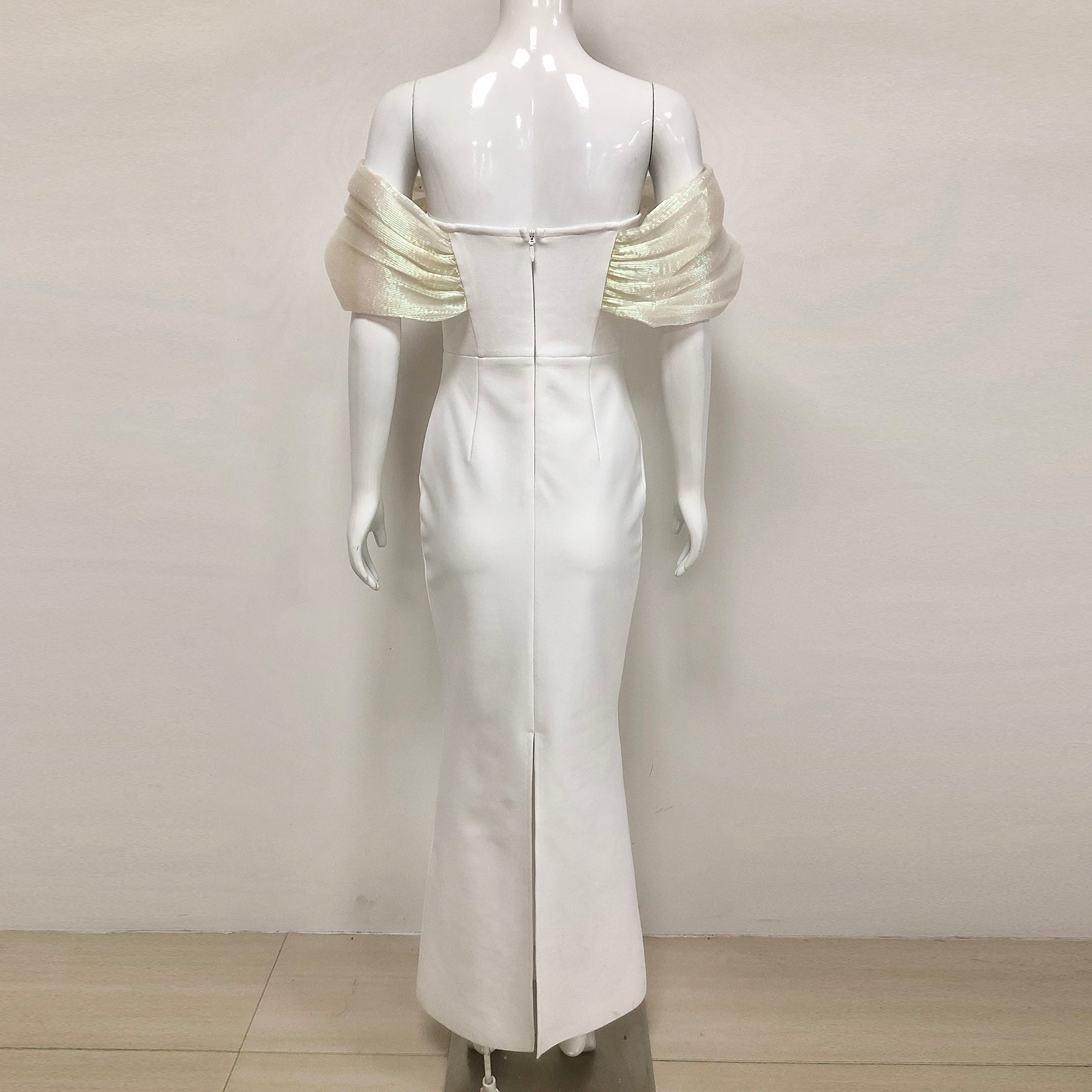 OFF-SHOULDER PEARL BODYCON MAXI DRESS WHITE