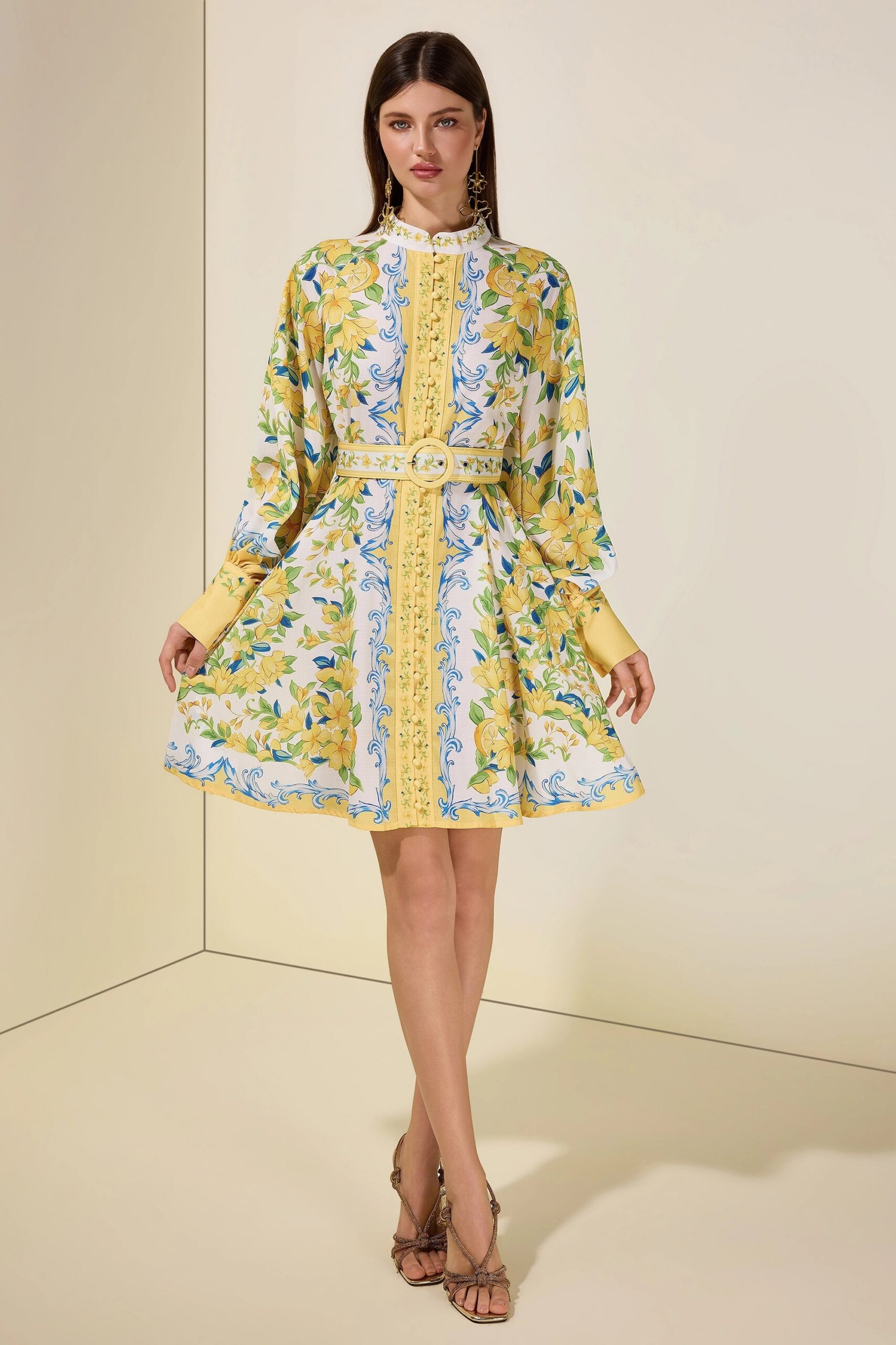 LEMON FLORAL SINGLE-BREASTED MIDI DRESS WITH BELT - YELLOW