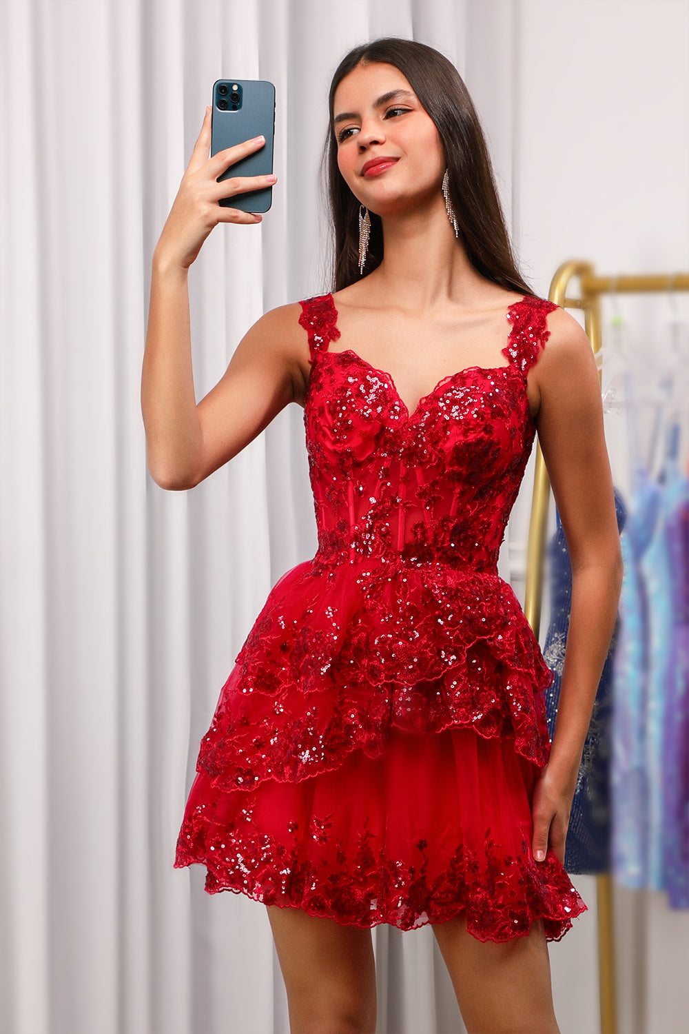 SPARKLY BLUE CORSET A-LINE LACE SHORT HOMECOMING DRESS