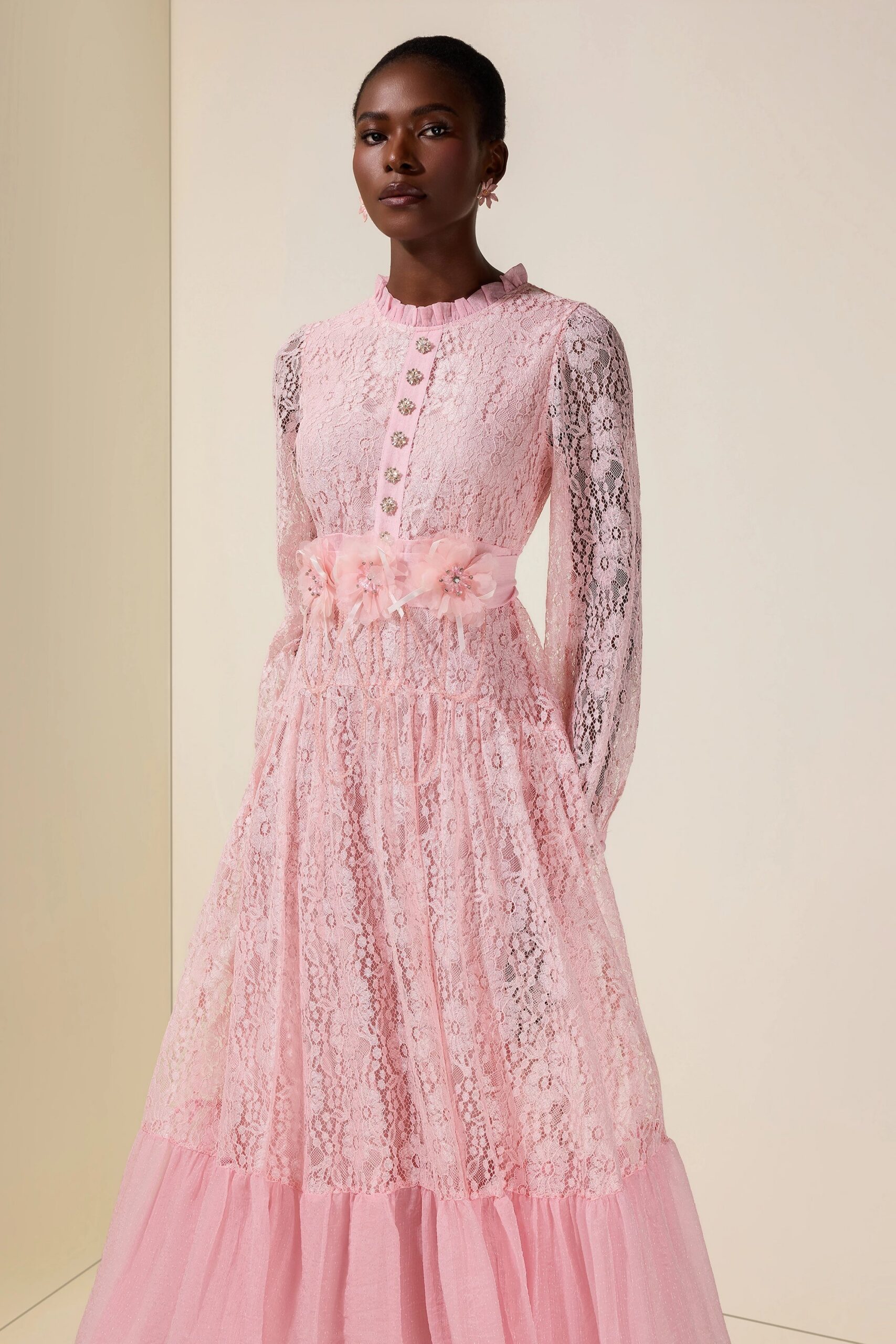 VIRGINIA LACE MIDI DRESS 3D FLOWER RHINESTONE PINK