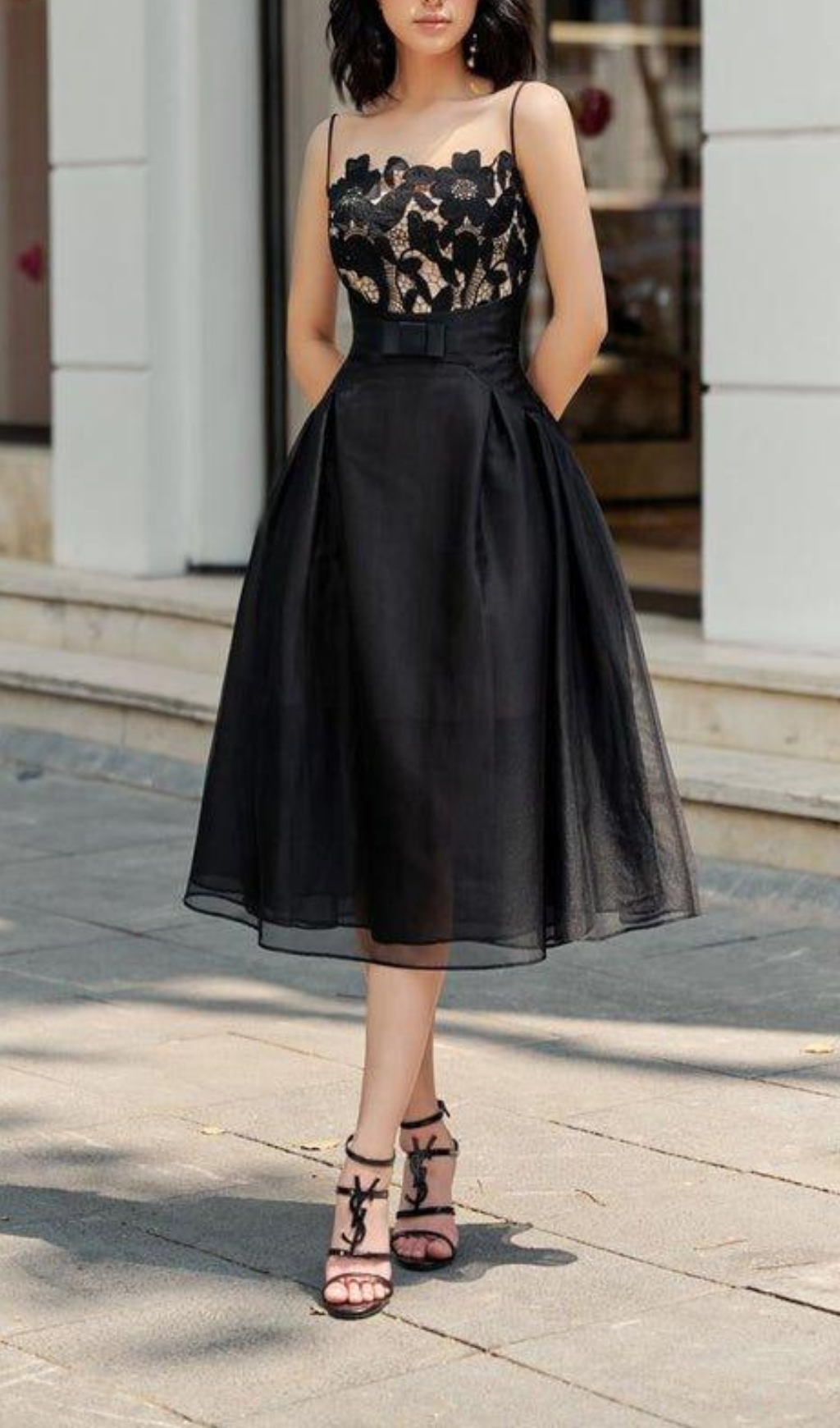 BLACK LACE MIDI DRESS WITH CAMISOLE BODICE