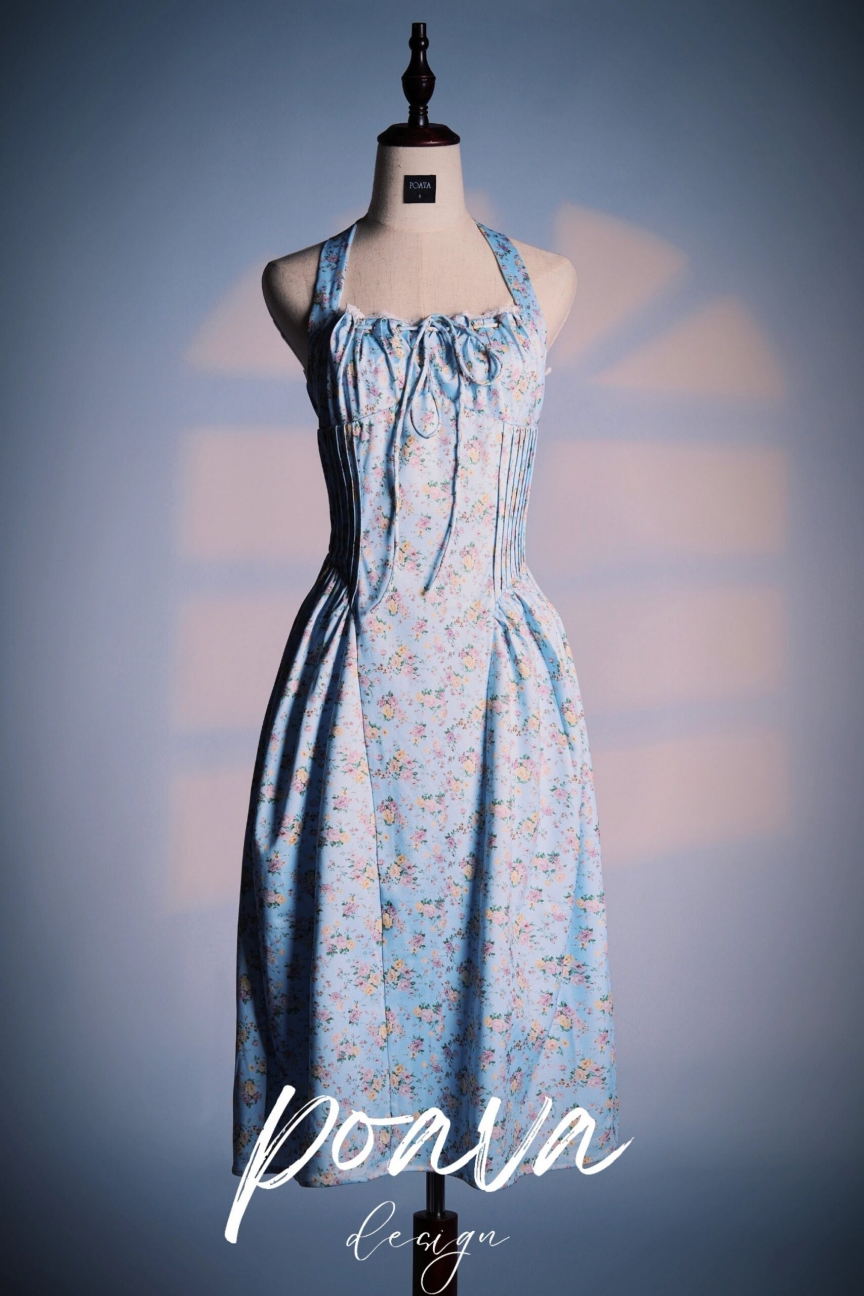 SOFT BLUE VINTAGE FLORAL COTTON HALTER SUNDRESS