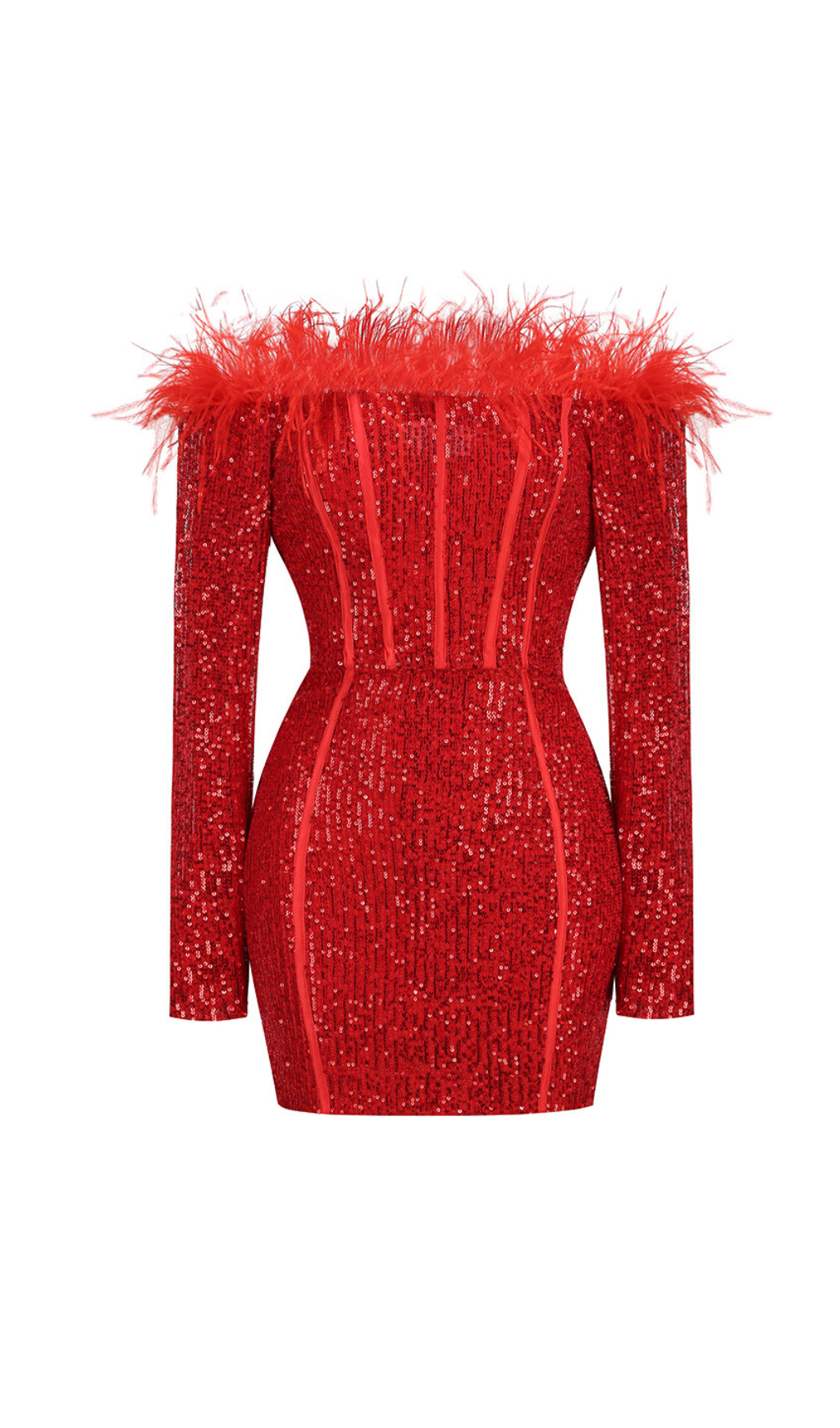RED FEATHER SEQUIN LONG SLEEVE PARTY DRESS