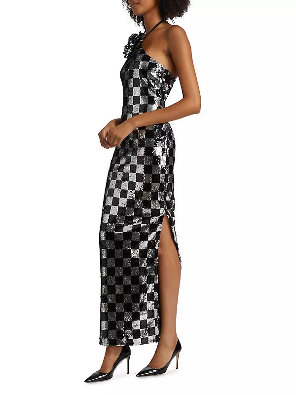 CHECKERBOARD SEQUIN HALTER FLOWER GOWN