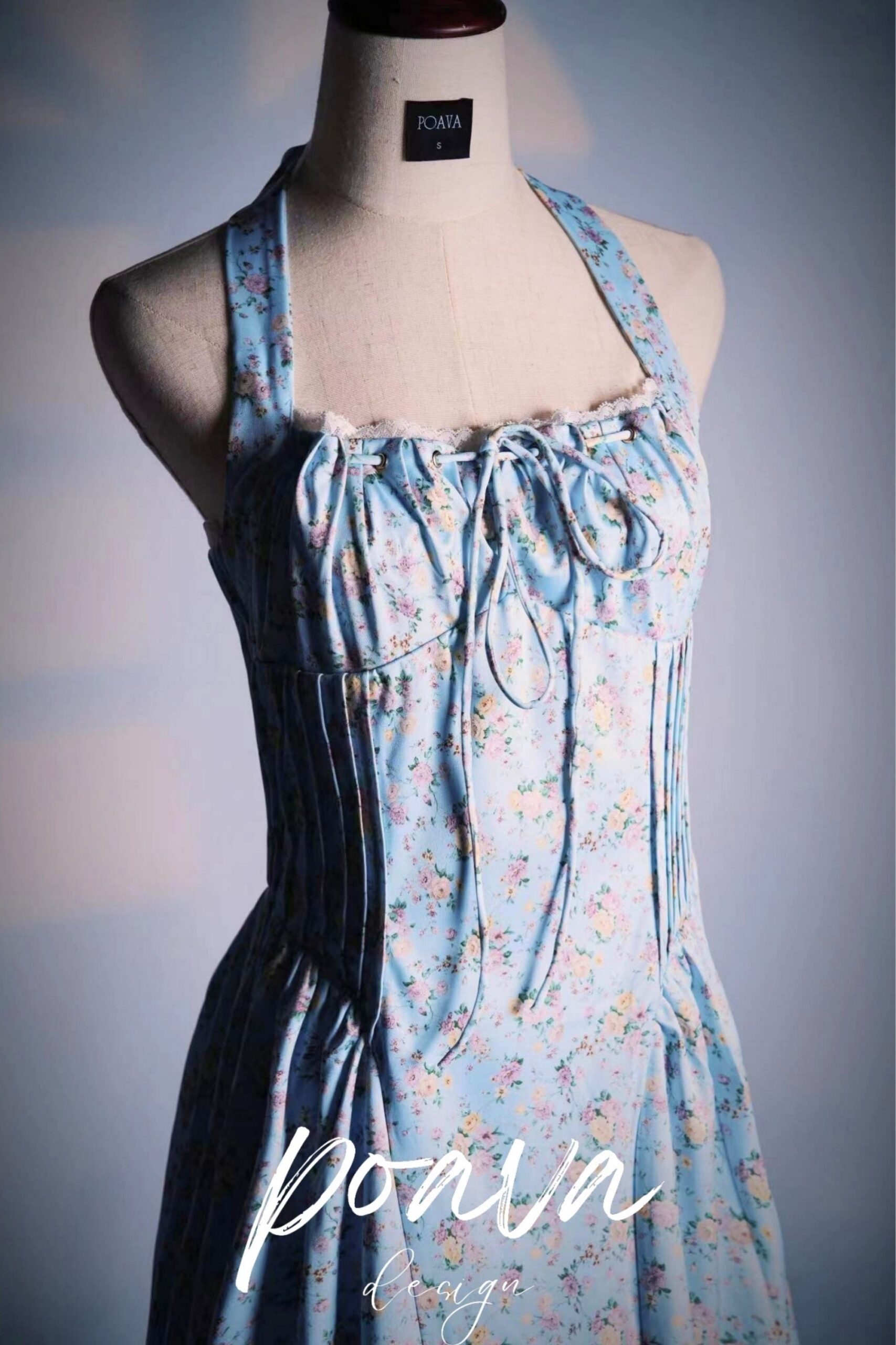 SOFT BLUE VINTAGE FLORAL COTTON HALTER SUNDRESS