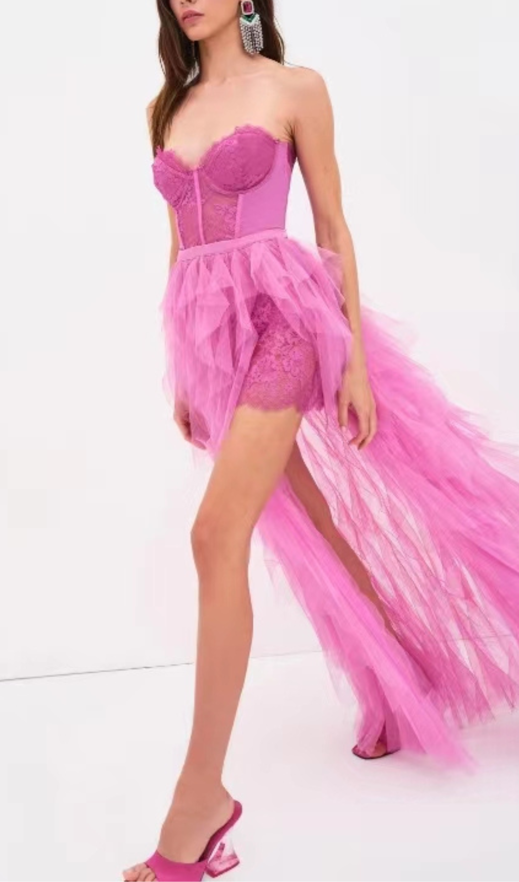 PINK STRAPLESS LACE PATCHWORK MAXI DRESS