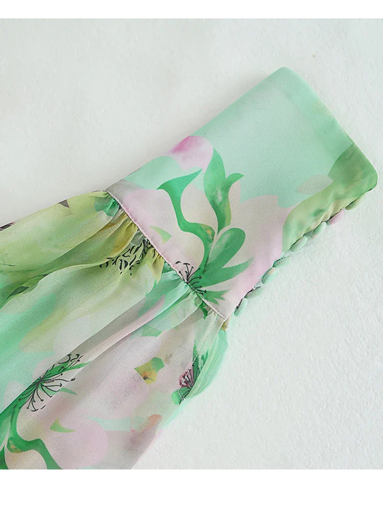 V-NECK FLORAL CHIFFON MAXI DRESS GREEN