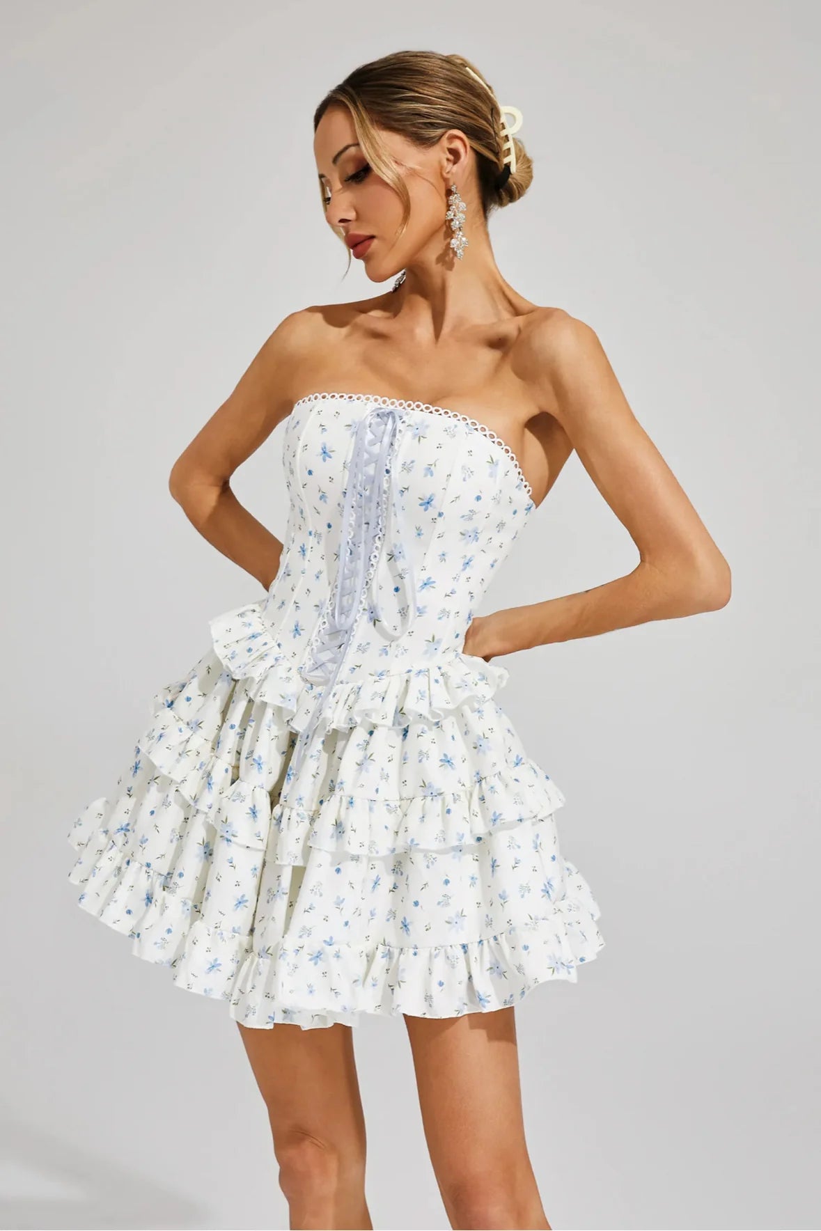 MARTHA RUFFLE STRAPLESS MINI DRESS BLUE