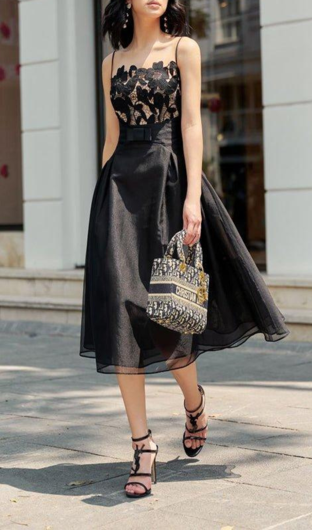 BLACK LACE MIDI DRESS WITH CAMISOLE BODICE