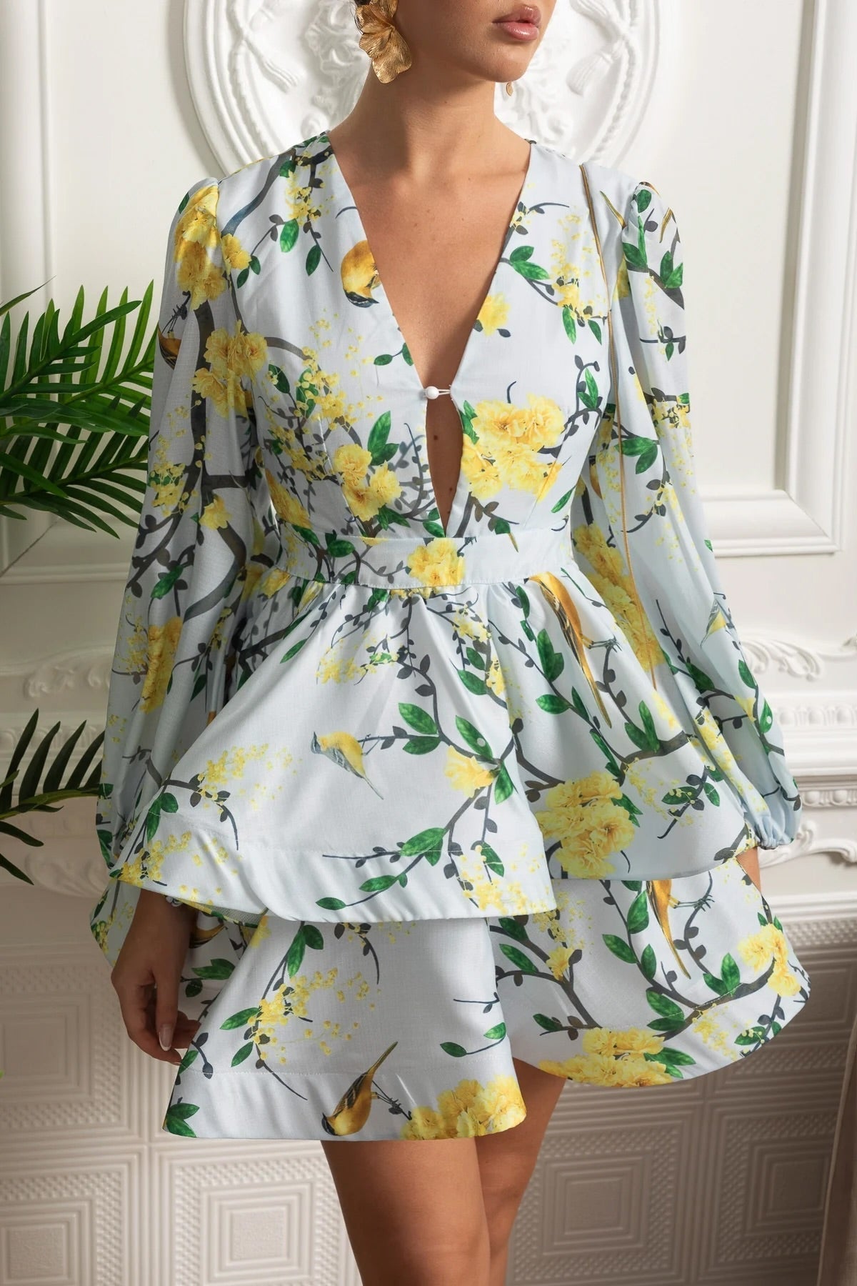 FLORAL ROMANTIC MINI DRESS, VOLUMINOUS SLEEVES, SKY BLUE, WEDDING GUEST