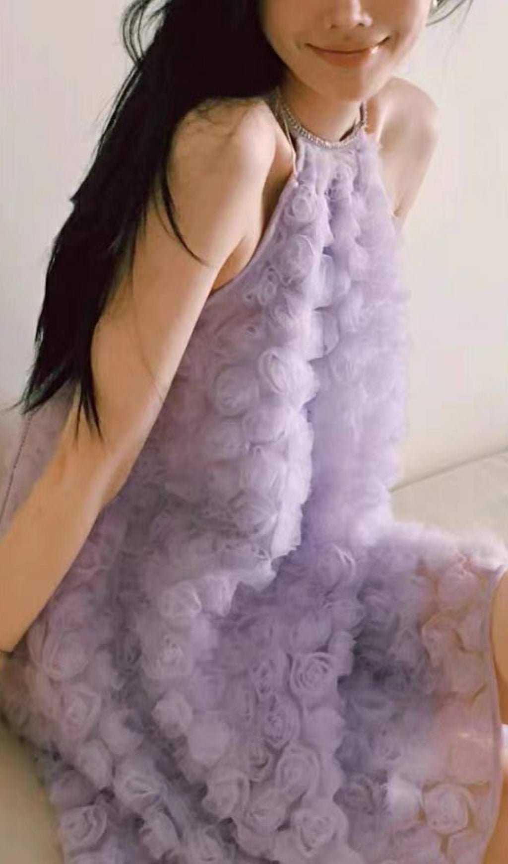 3D PURPLE ROSE HALTER BACKLESS MIDI DRESS
