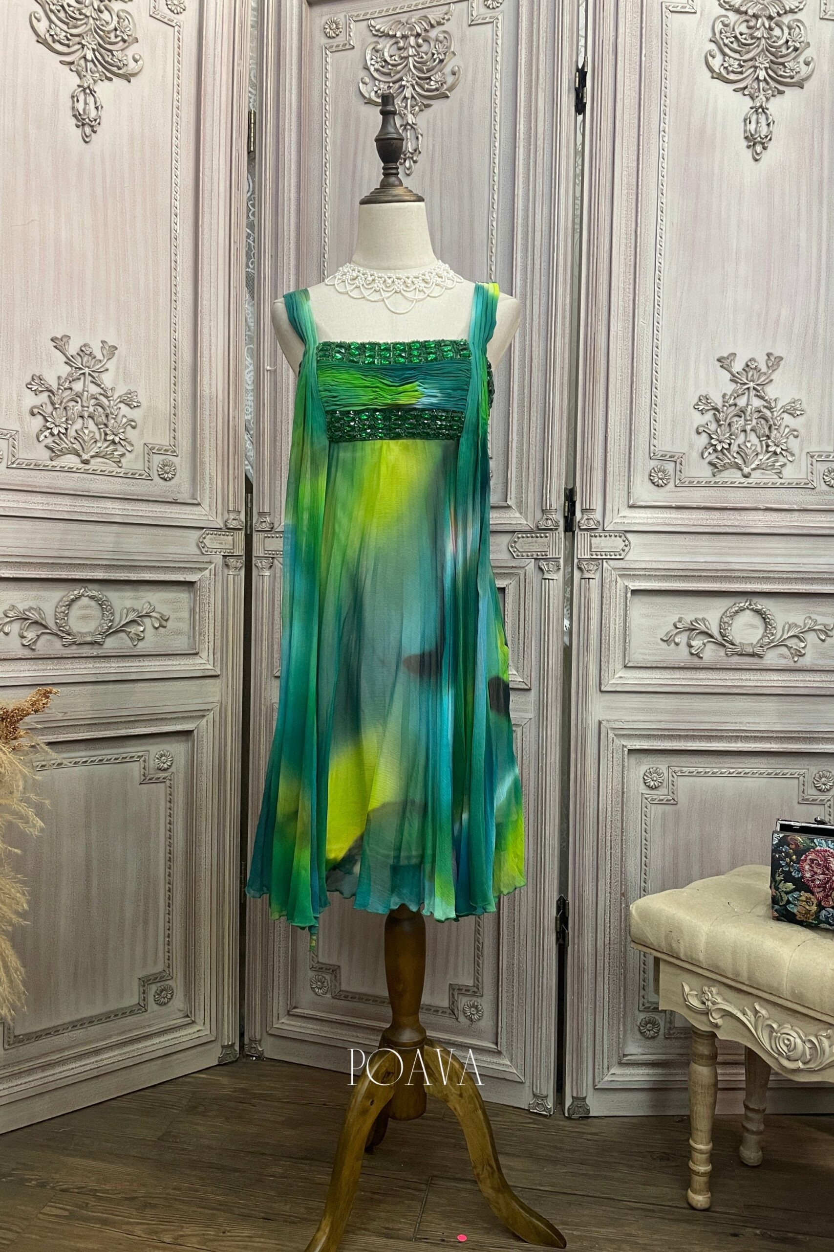 7_06d79e38-b2db-4913-af27-cb454a8236e4 SILK GREEN MIDI DRESS PRINTED EVENING