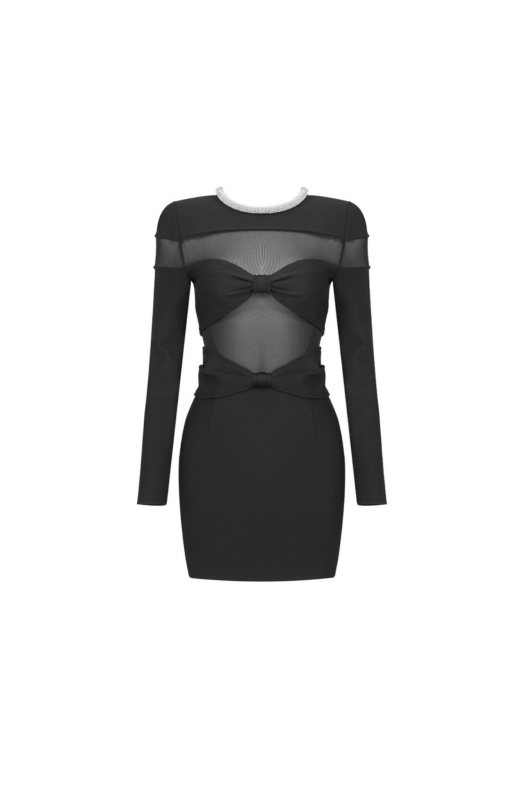 LONG SLEEVE CRYSTAL NECKLINE MINI DRESS FOR PARTY