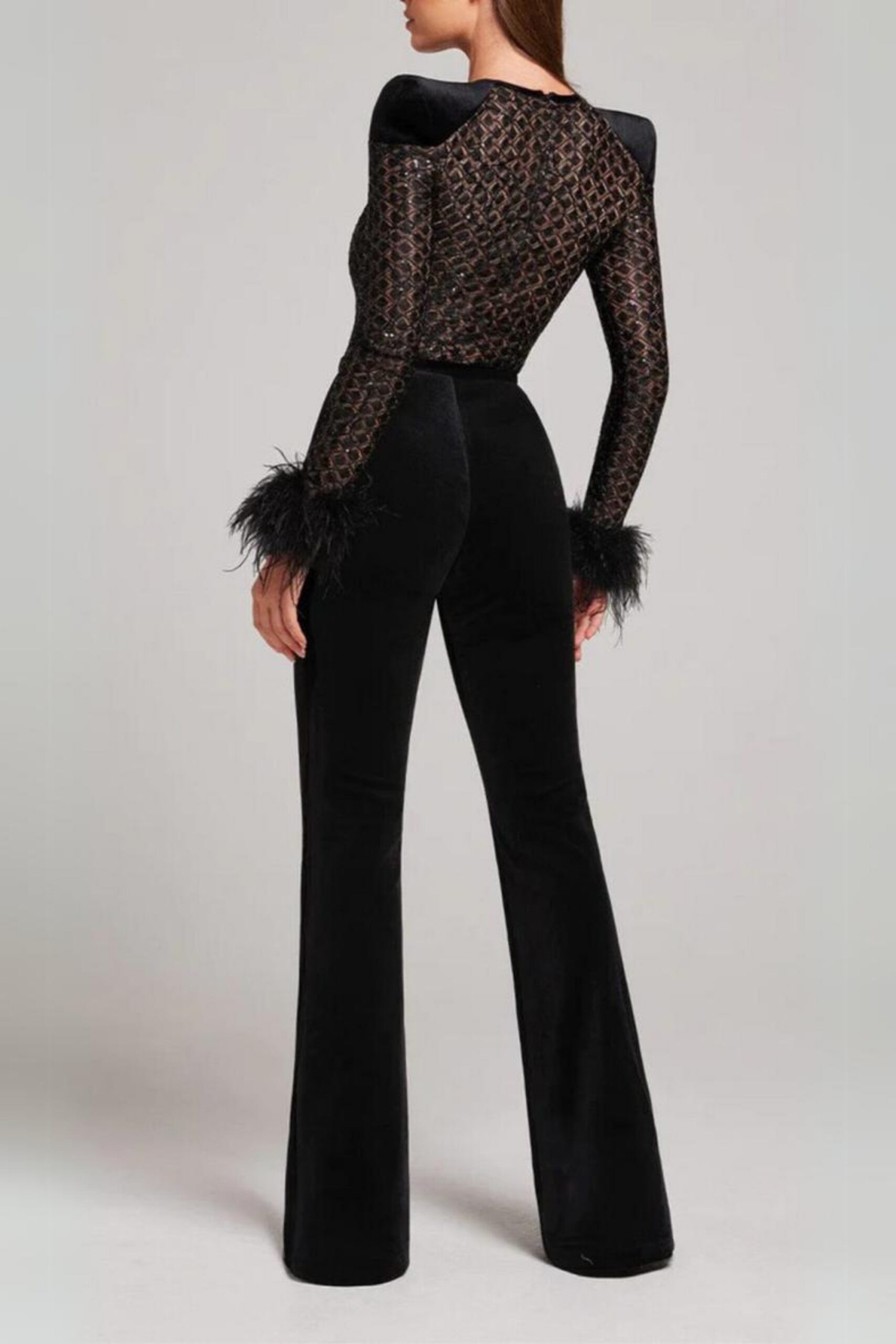 BLACK FEATHER SEQUIN PARTY JUMPSUIT
