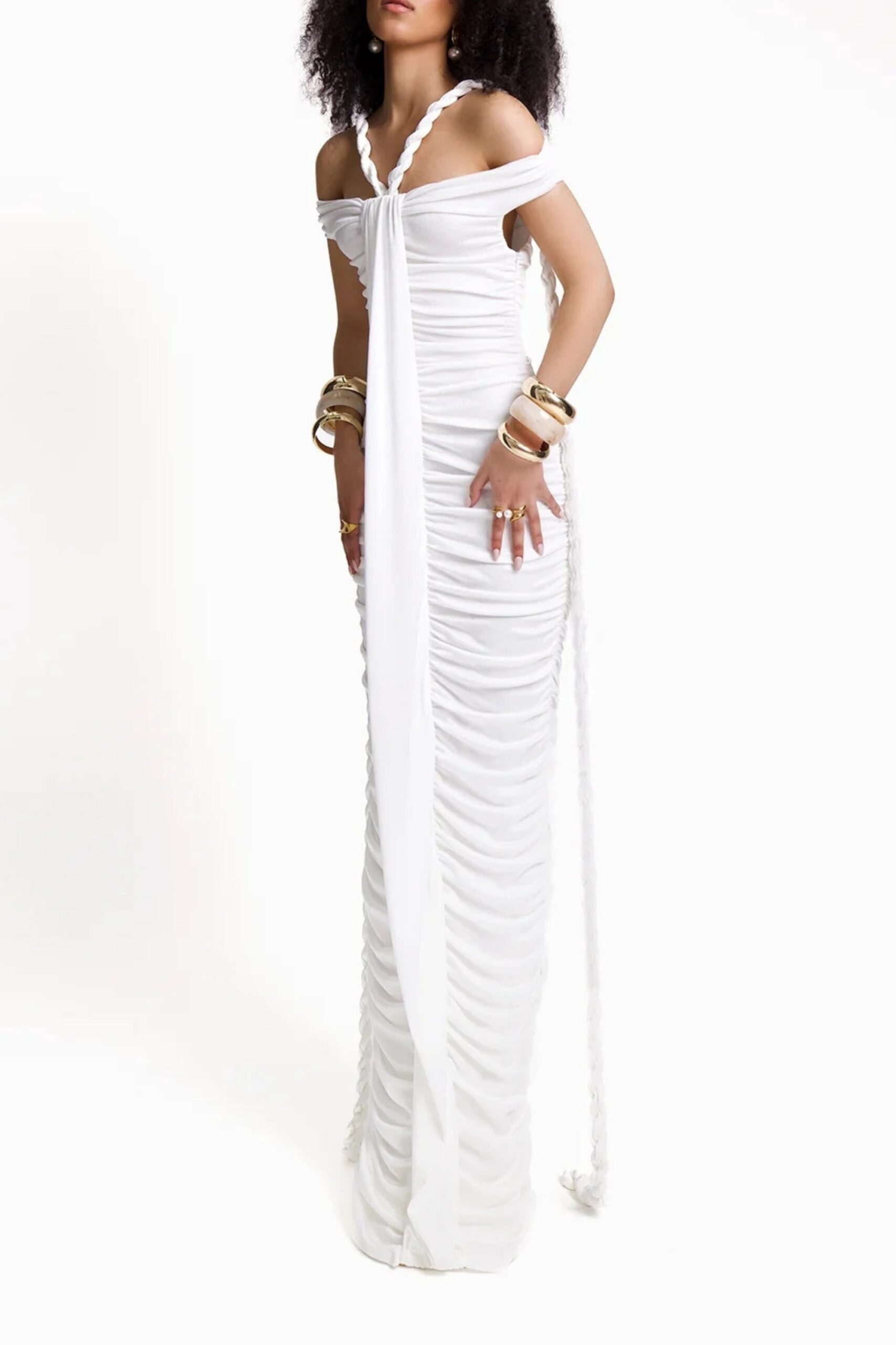 7_1ed3f977-ba90-4357-b791-f3bb067a6c09 WHITE OFF SHOULDER BANDAGE MAXI DRESS