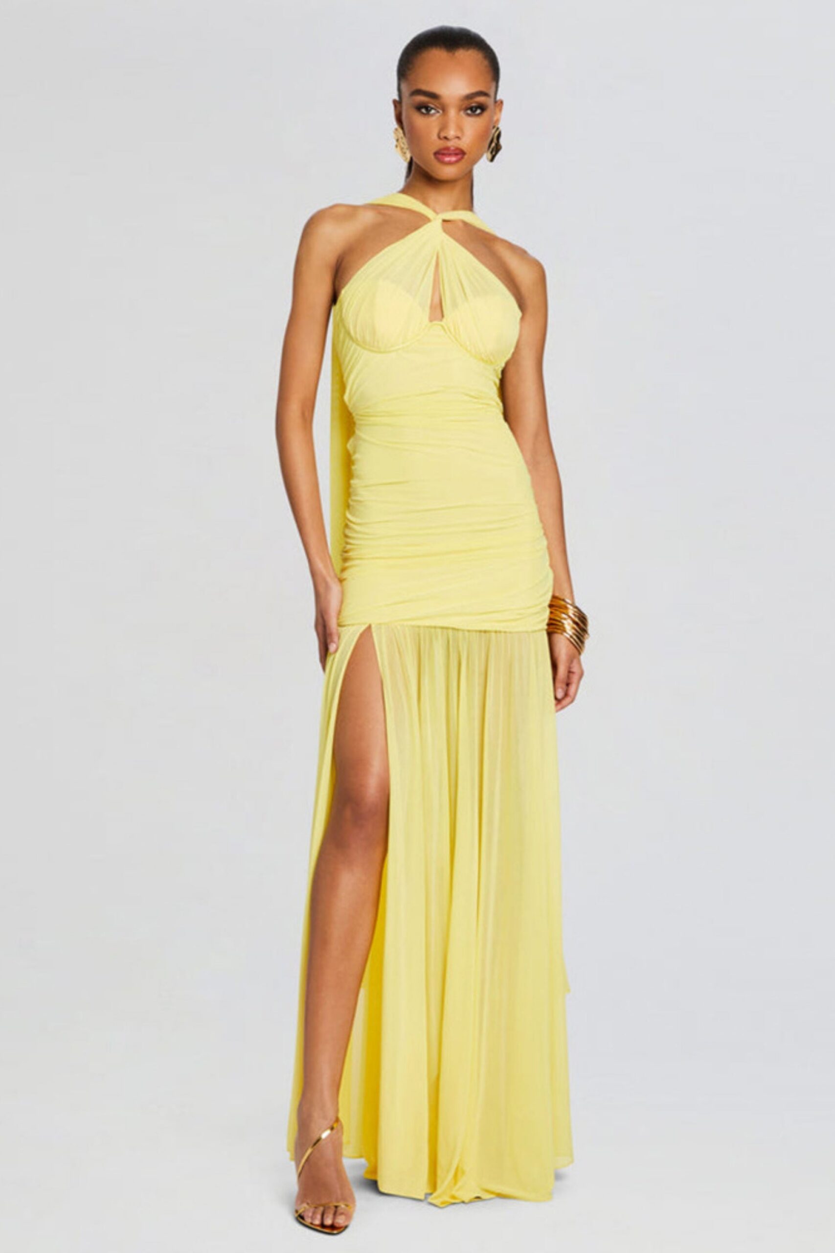 YELLOW SLEEVELESS DRAPE MAXI DRESS FOR WEDDING