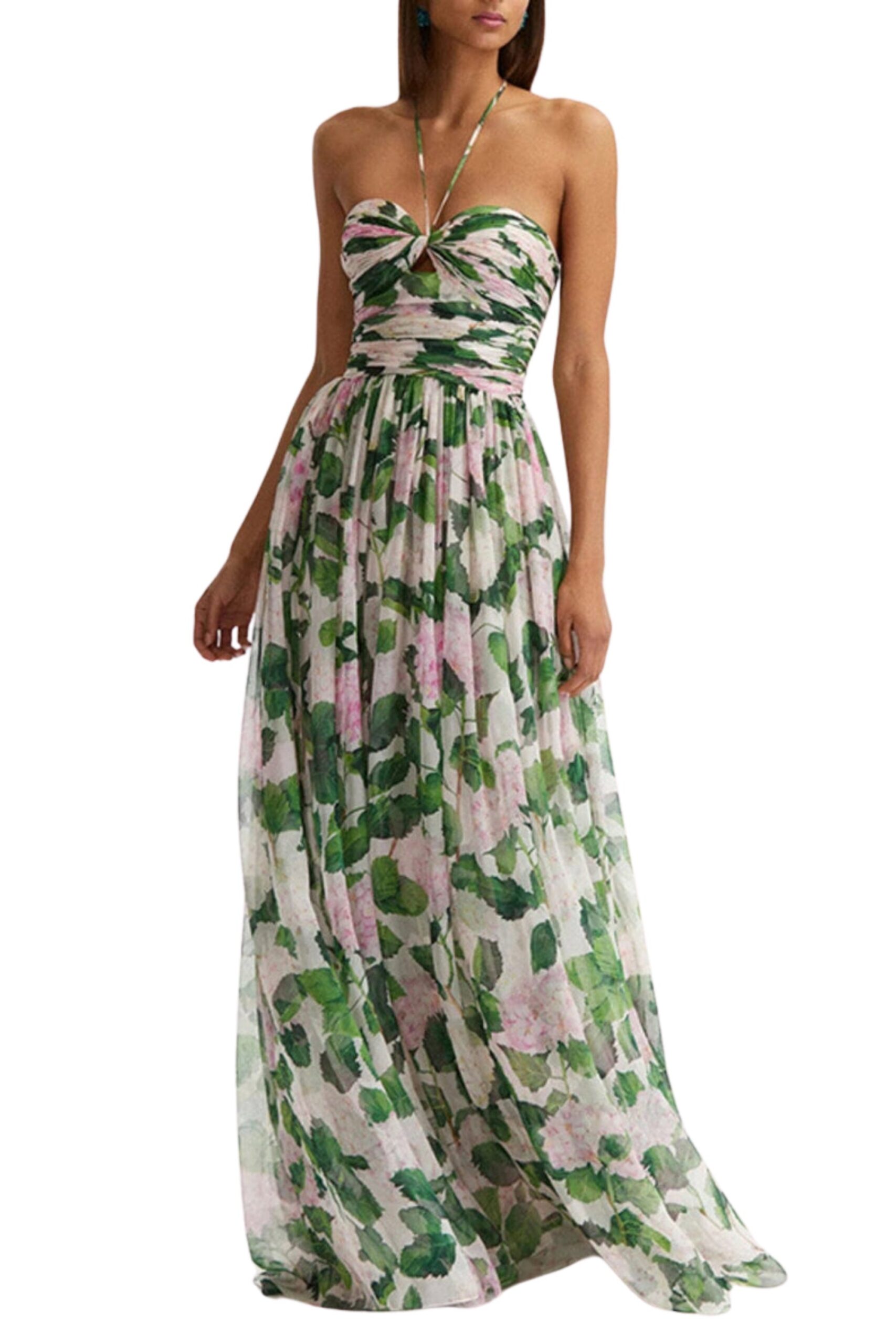 FLORAL HALTER MAXI DRESS GREEN WEDDING GUEST