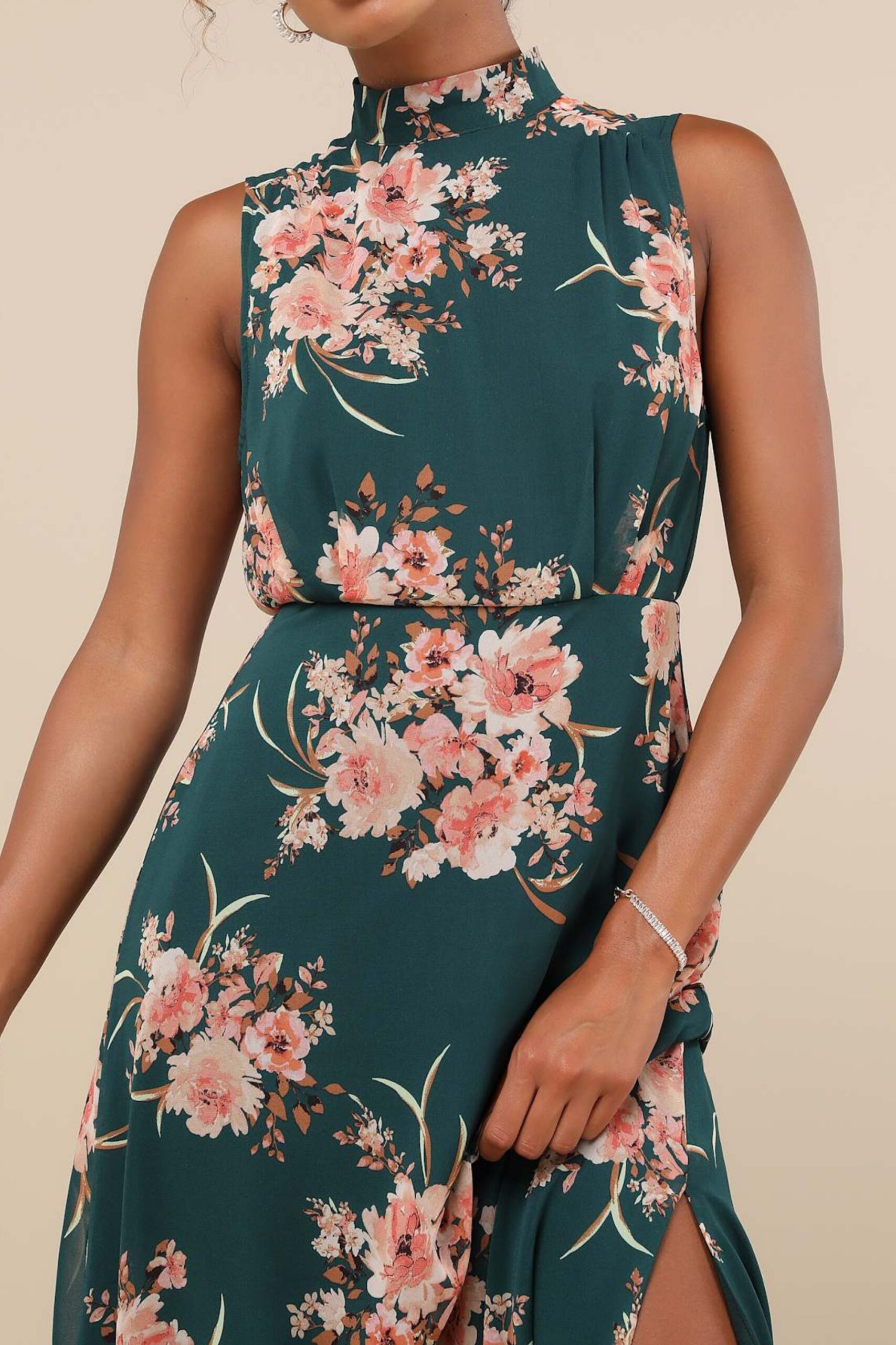 EMERALD FLORAL MOCK NECK MAXI DRESS FOR WEDDING GUEST
