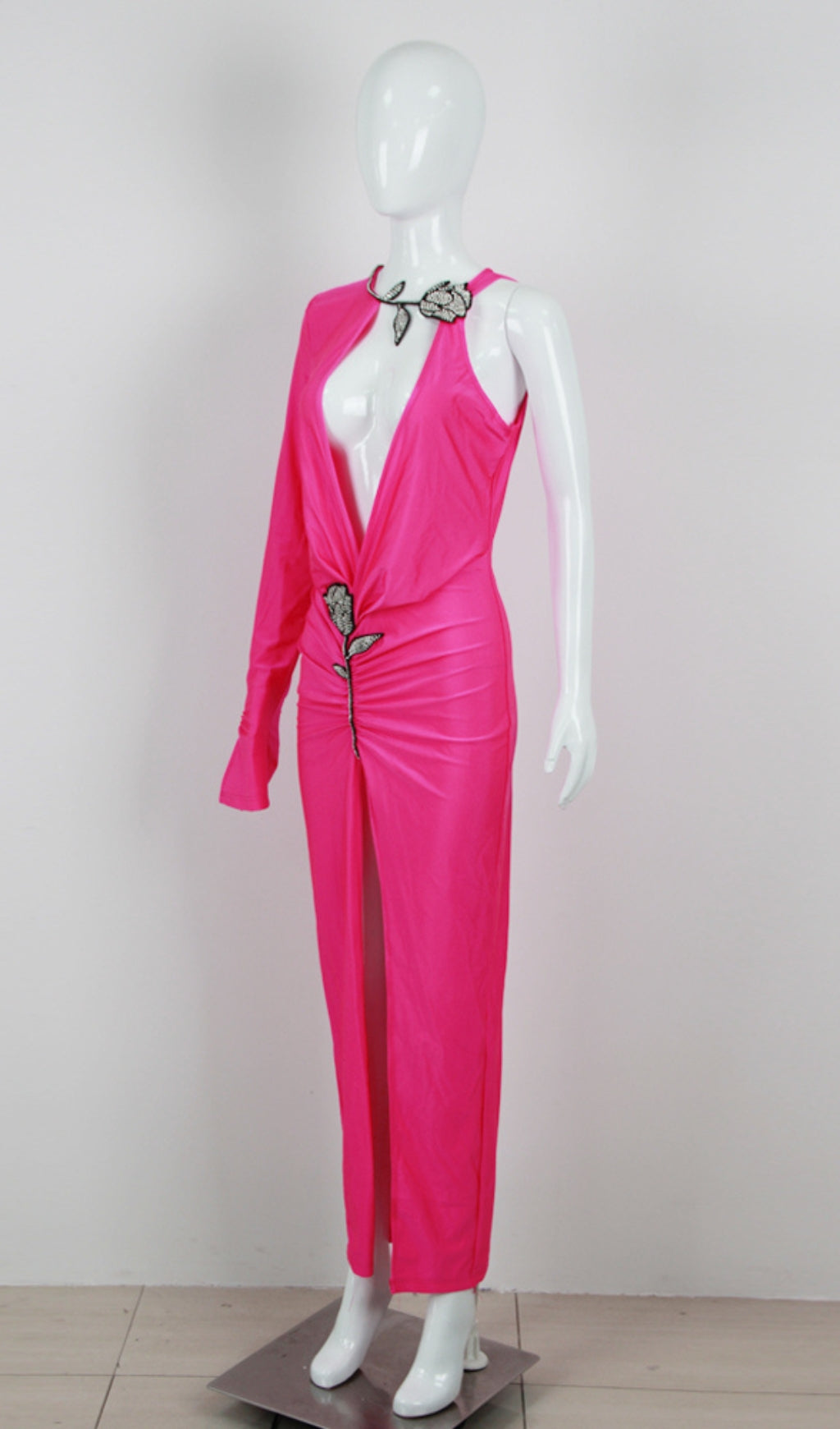 CRYSTAL FLOWER CUTOUT RUCHED COCKTAIL DRESS