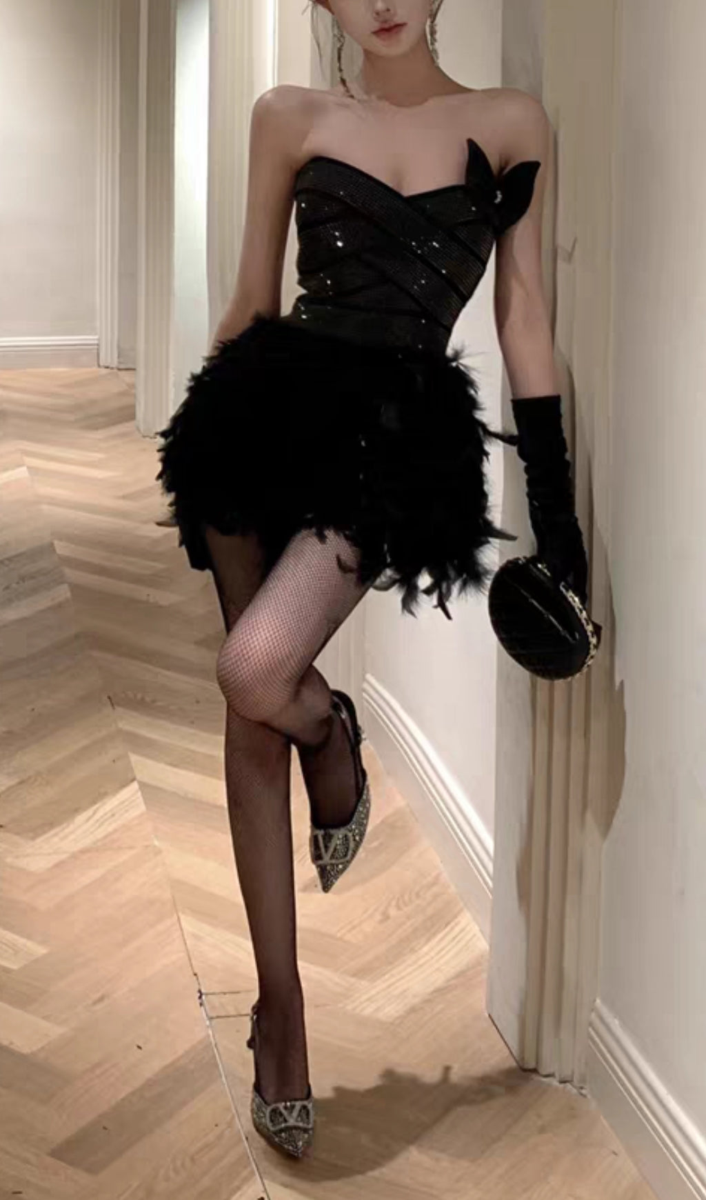 RHINESTONE FEATHER STRAPLESS MINI BLACK PARTY DRESS