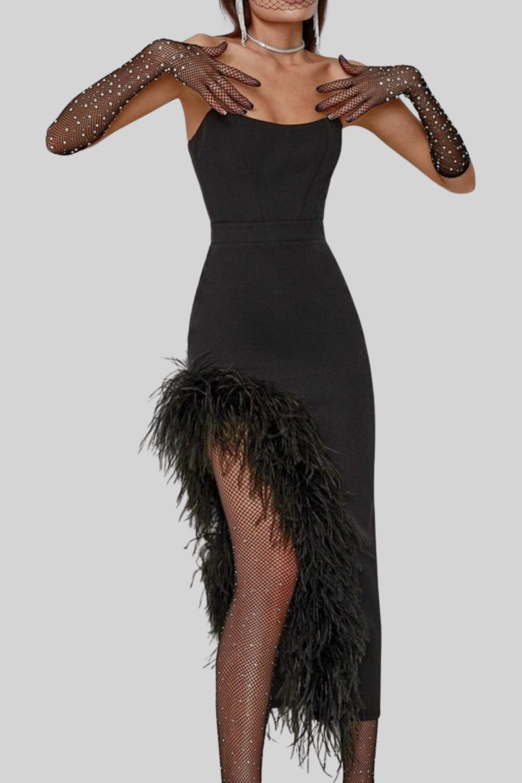 7_3797d2c8-bce1-4644-a7df-579c623b6e2d FEATHER HEM HIGH-LOW DRESS BLACK