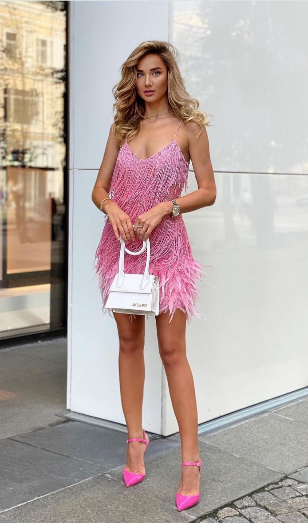 PINK TASSEL FEATHER MINI DRESS FOR PARTY