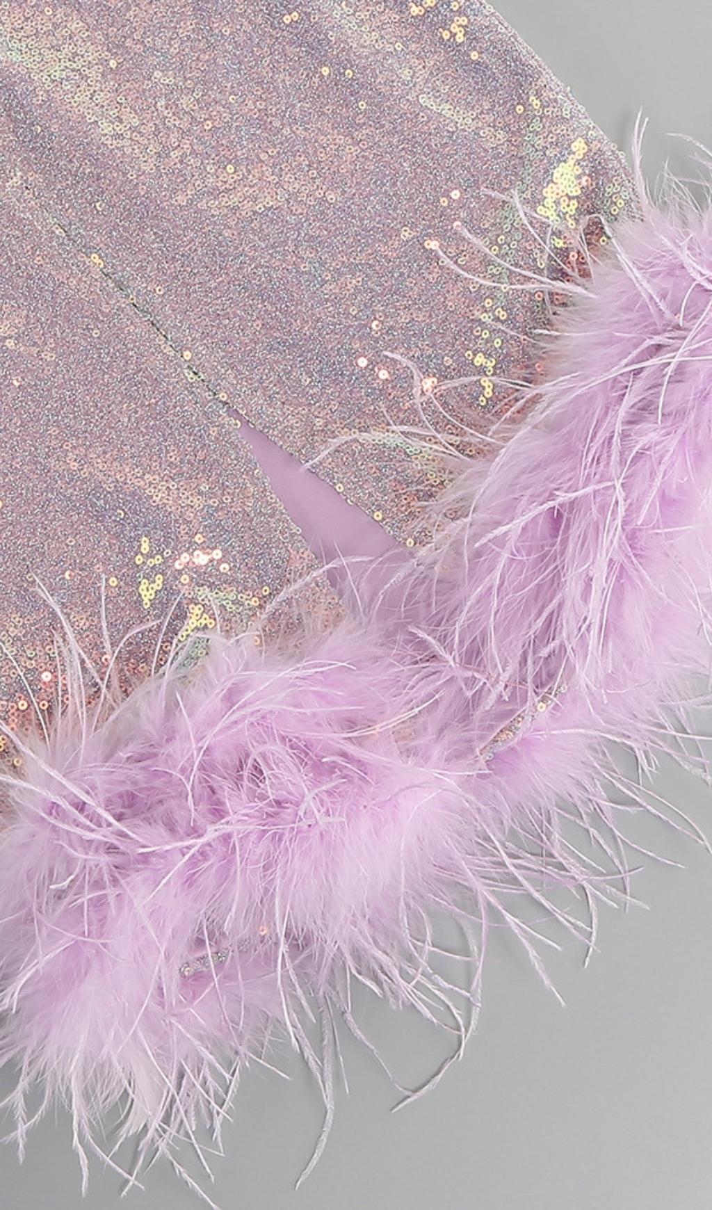 FEATHER SEQUIN PURPLE MIDI DRESS FOR PARTY