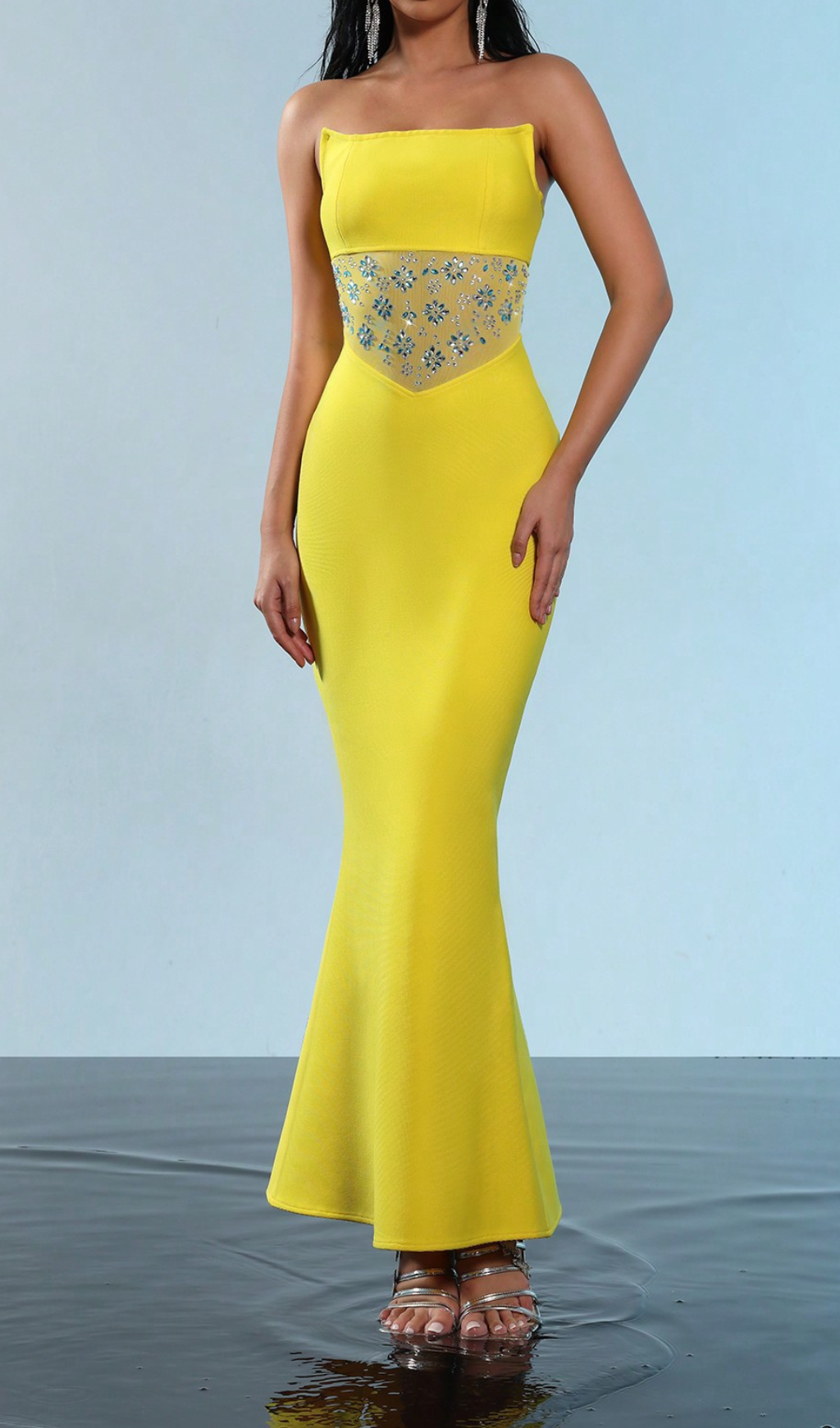 MESH SPLICE RHINESTONE YELLOW MAXI BANDAGE DRESS