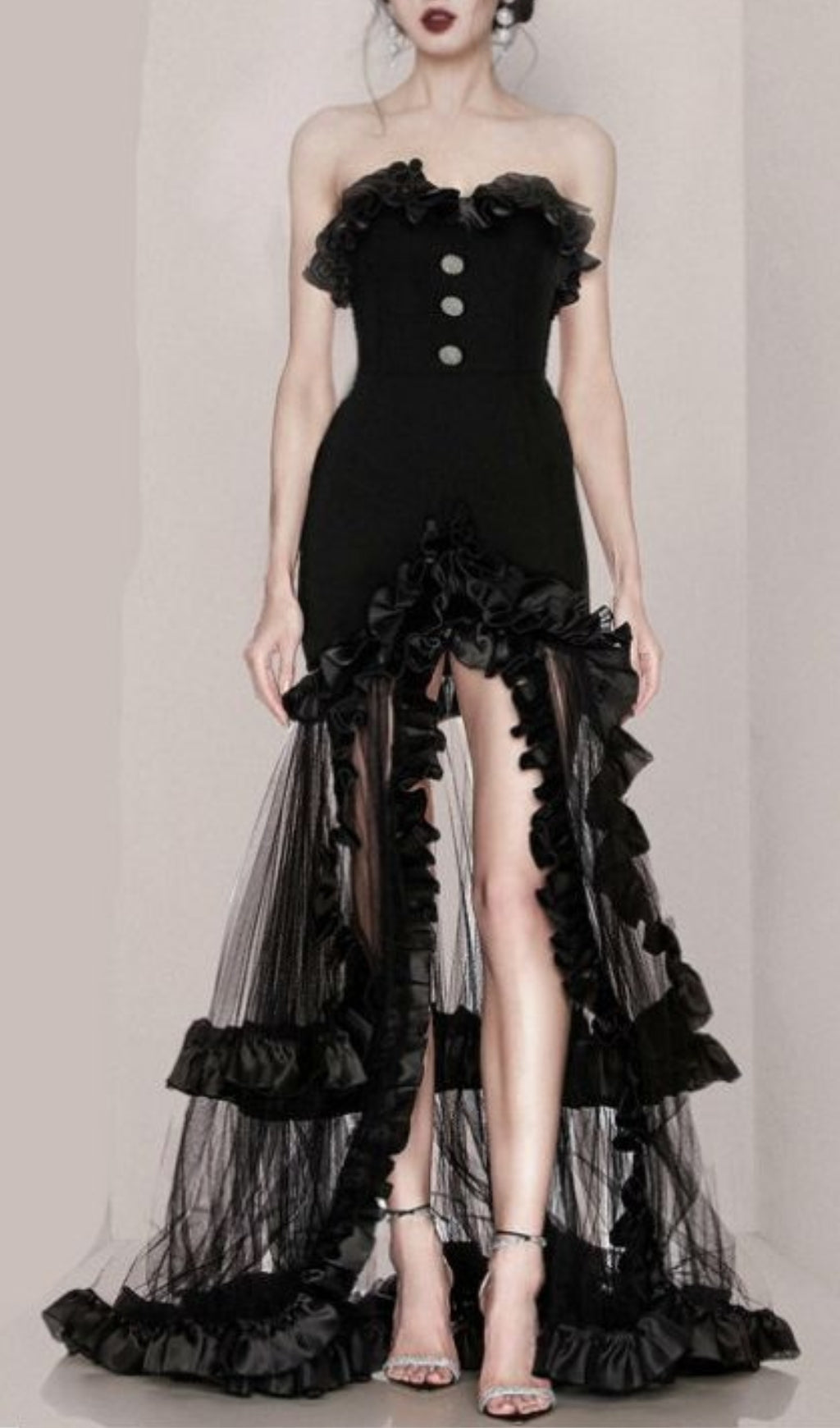 BLACK STRAPLESS TAIL MAXI DRESS, EVENING