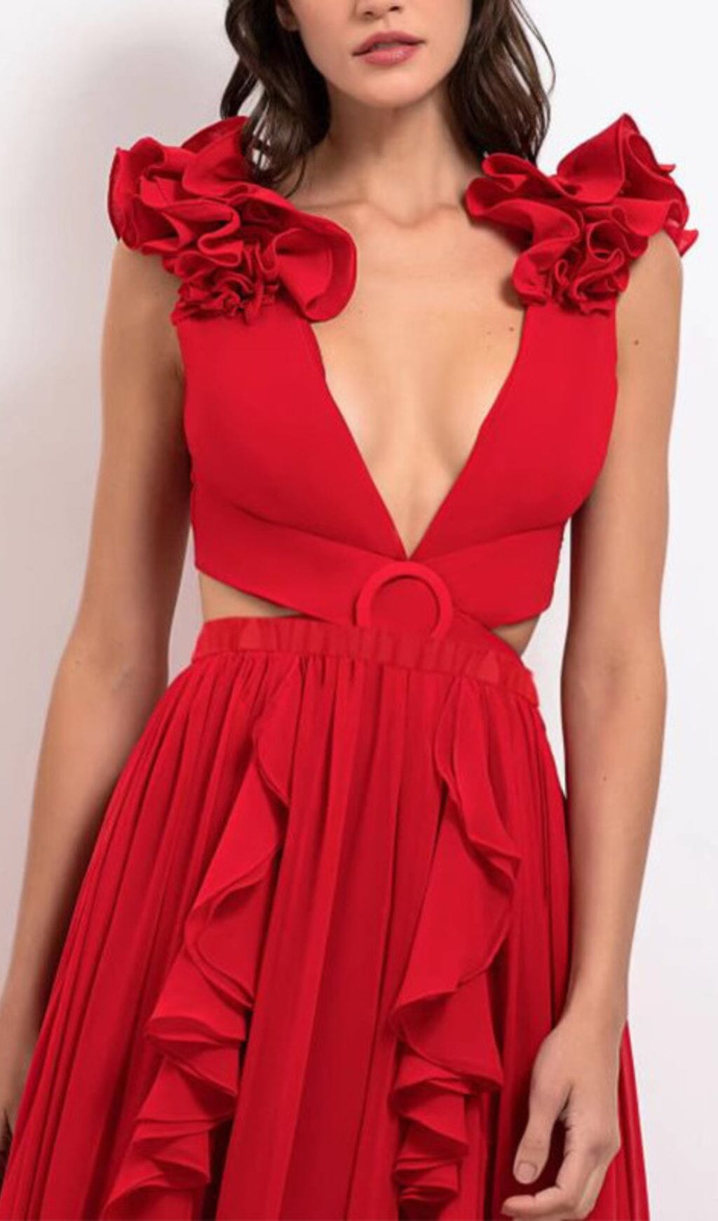 DEEP V RED CUTOUT ONE PIECE SWIMSUIT SKIRT SET