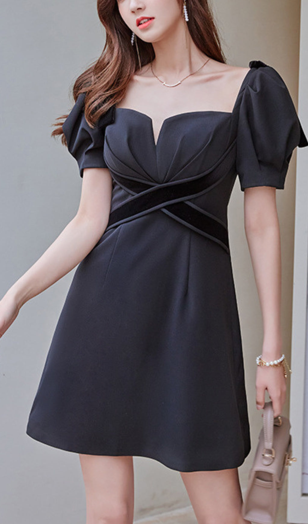 VELVET TIERED PUFF SLEEVE BLACK MINI DRESS