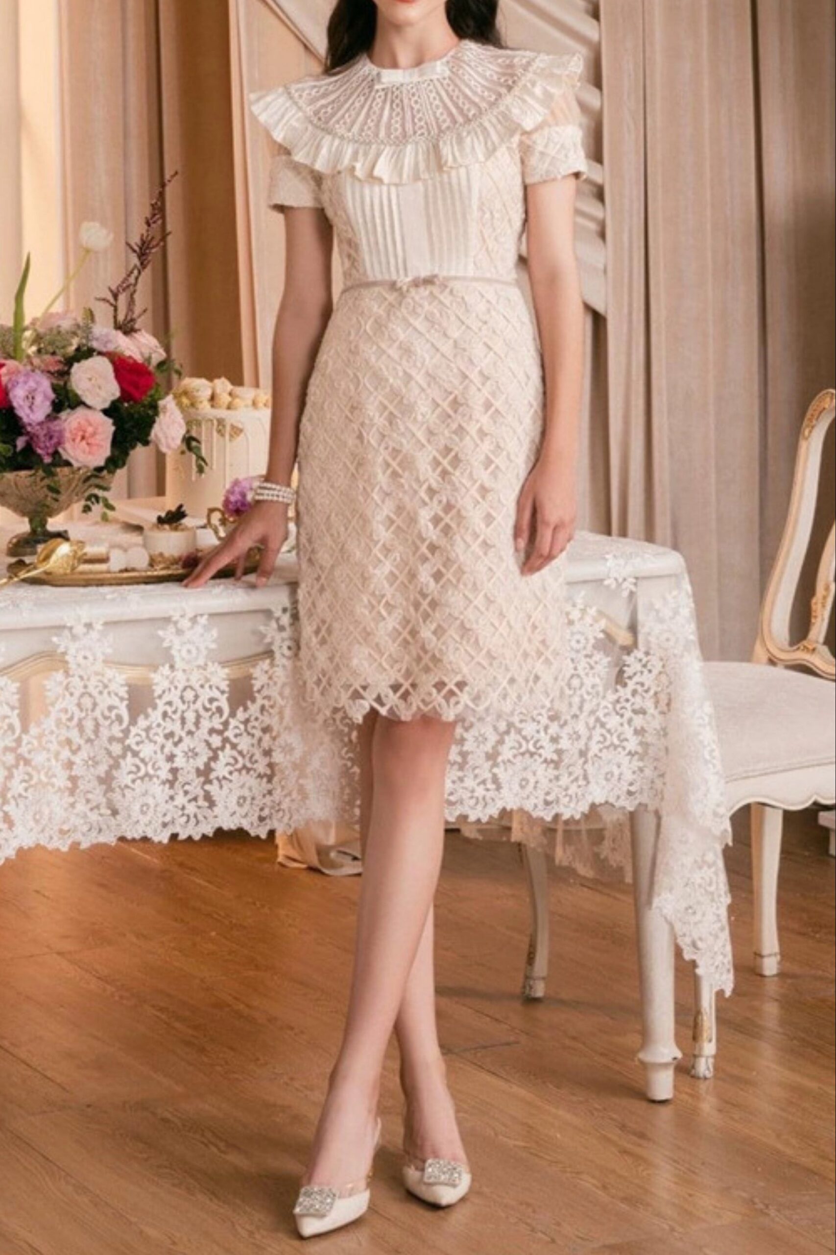 RUFFLES EMBROIDERY MIDI DRESS IN WHITE- OH CICI - LATEST PARTY WEAR 2023