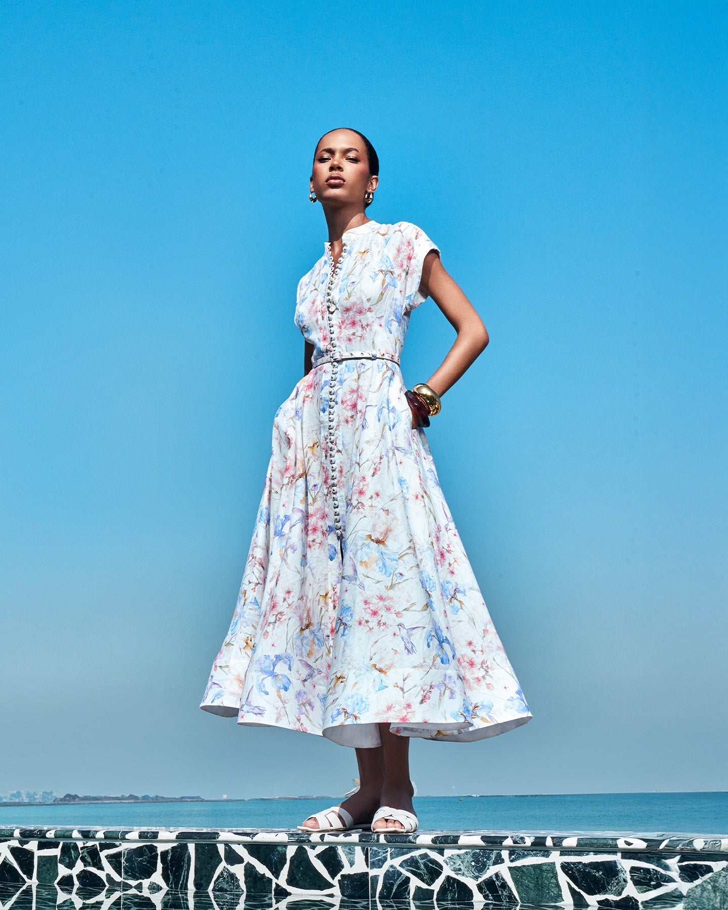 MULTICOLOR FLORAL A-LINE MIDI DRESS