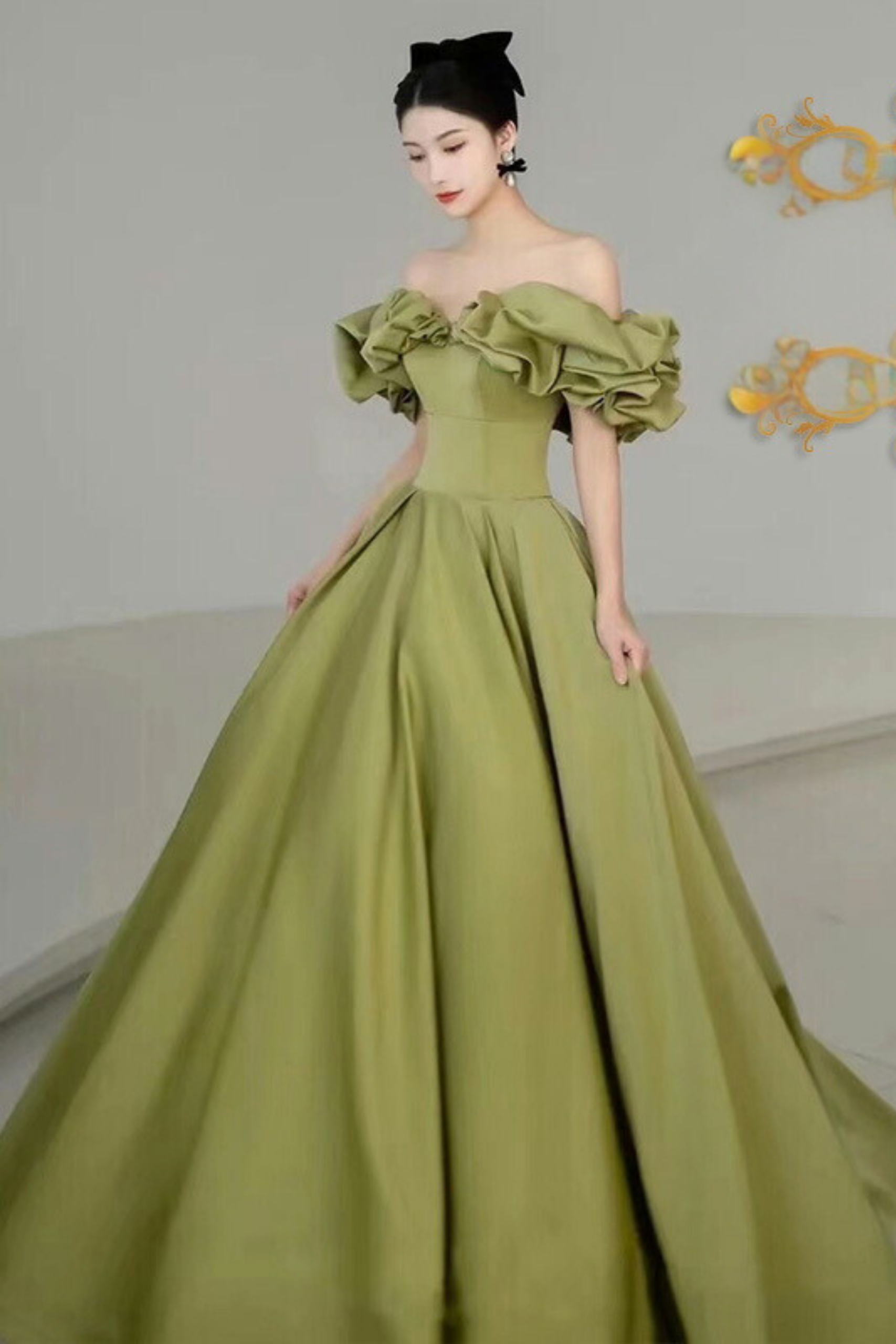 A-LINE OFF-SHOULDER SATIN GREEN DRESS FOR WEDDING GUEST