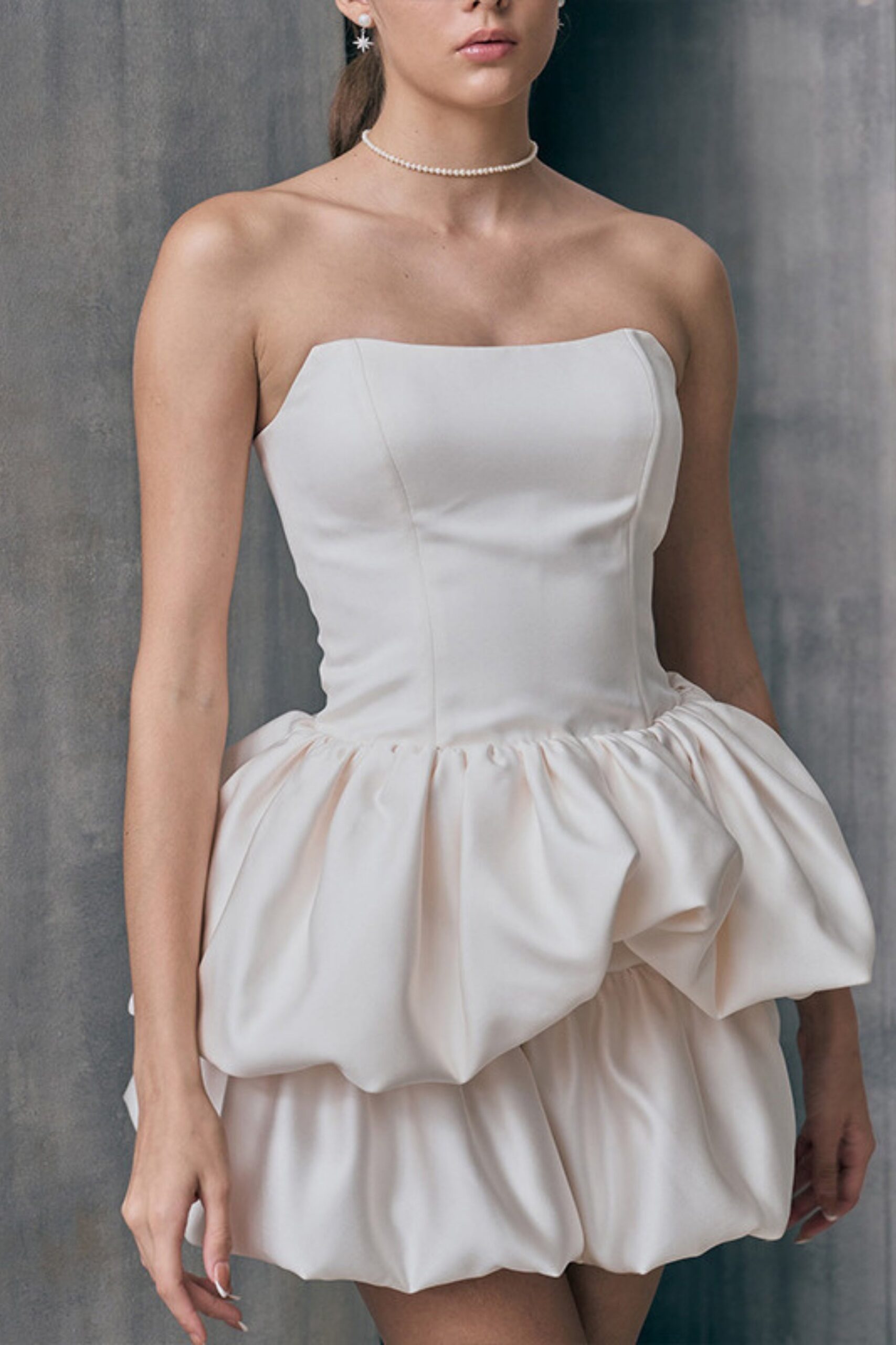 STRAPLESS BUBBLE MINI DRESS WHITE WEDDING PARTY