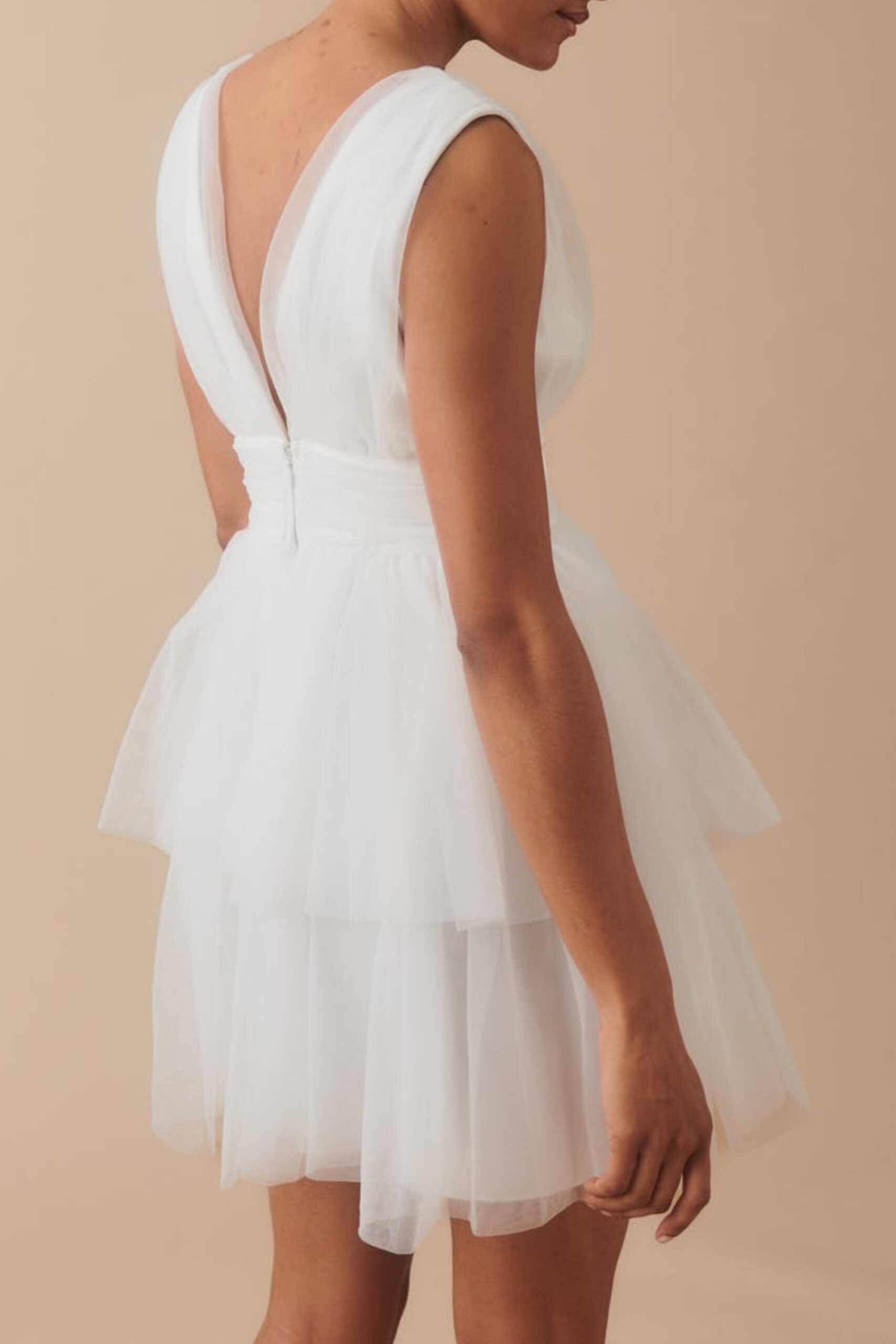 TULLE V-LINE MINI DRESS FOR WEDDING WHITE
