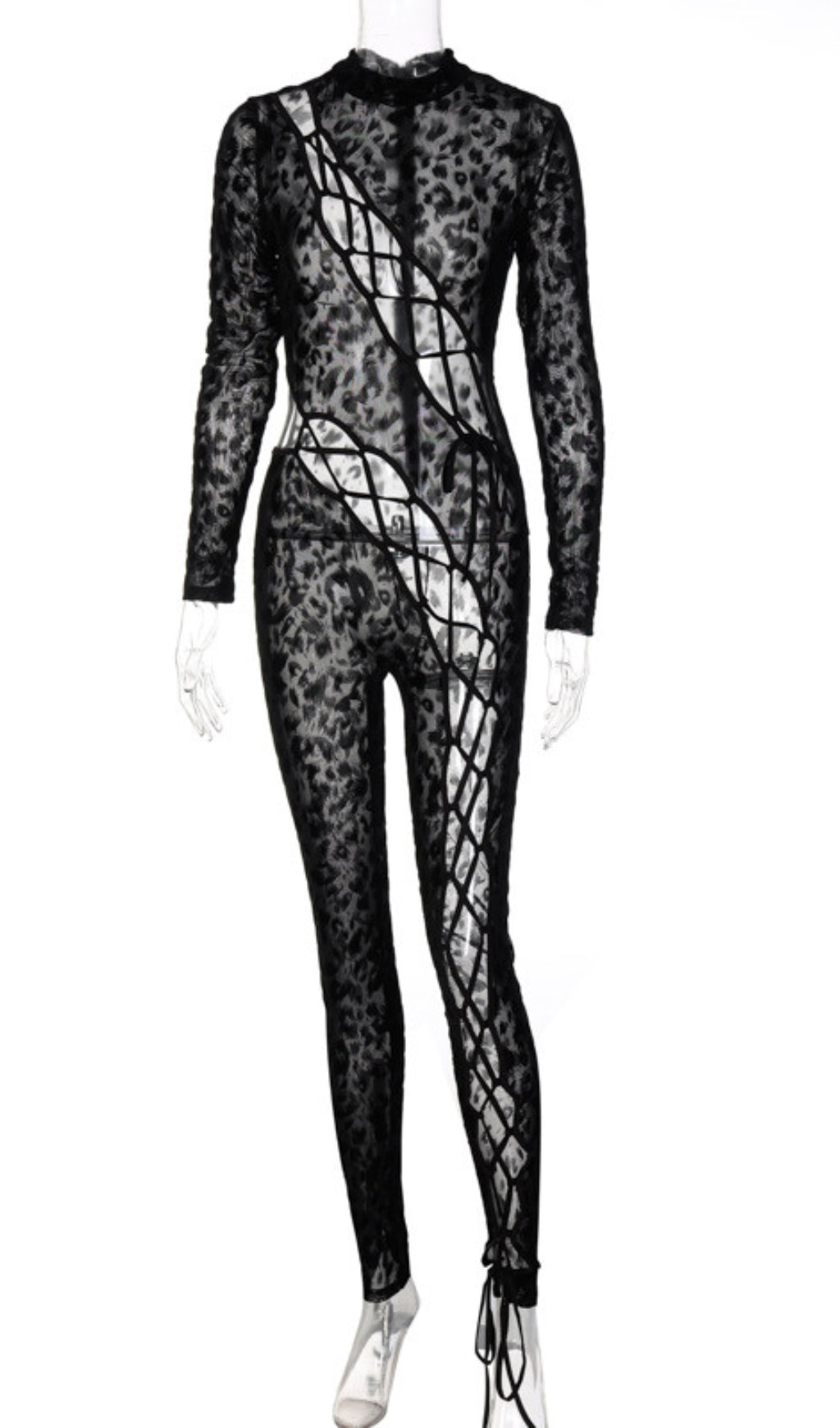 LEOPARD PRINT MESH LACE UP JUMPSUIT