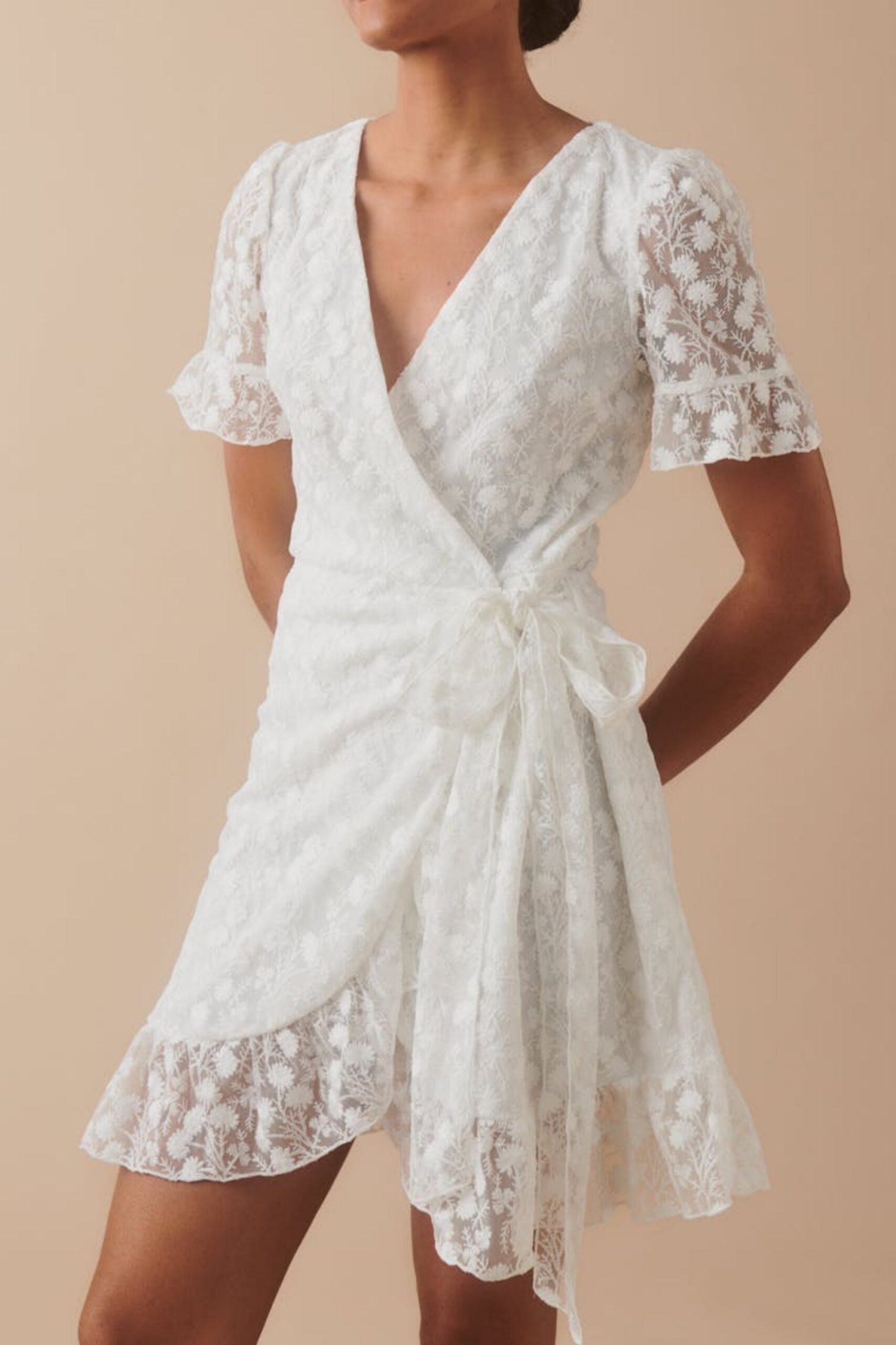 LACE FLORAL WRAP MINI DRESS FOR WEDDING GUEST