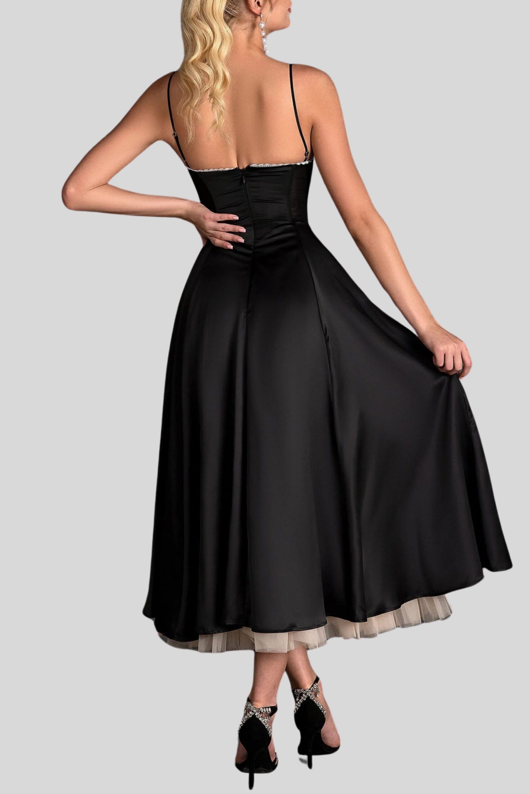 BLACK TULLE MIDI DRESS FOR EVENING PARTY