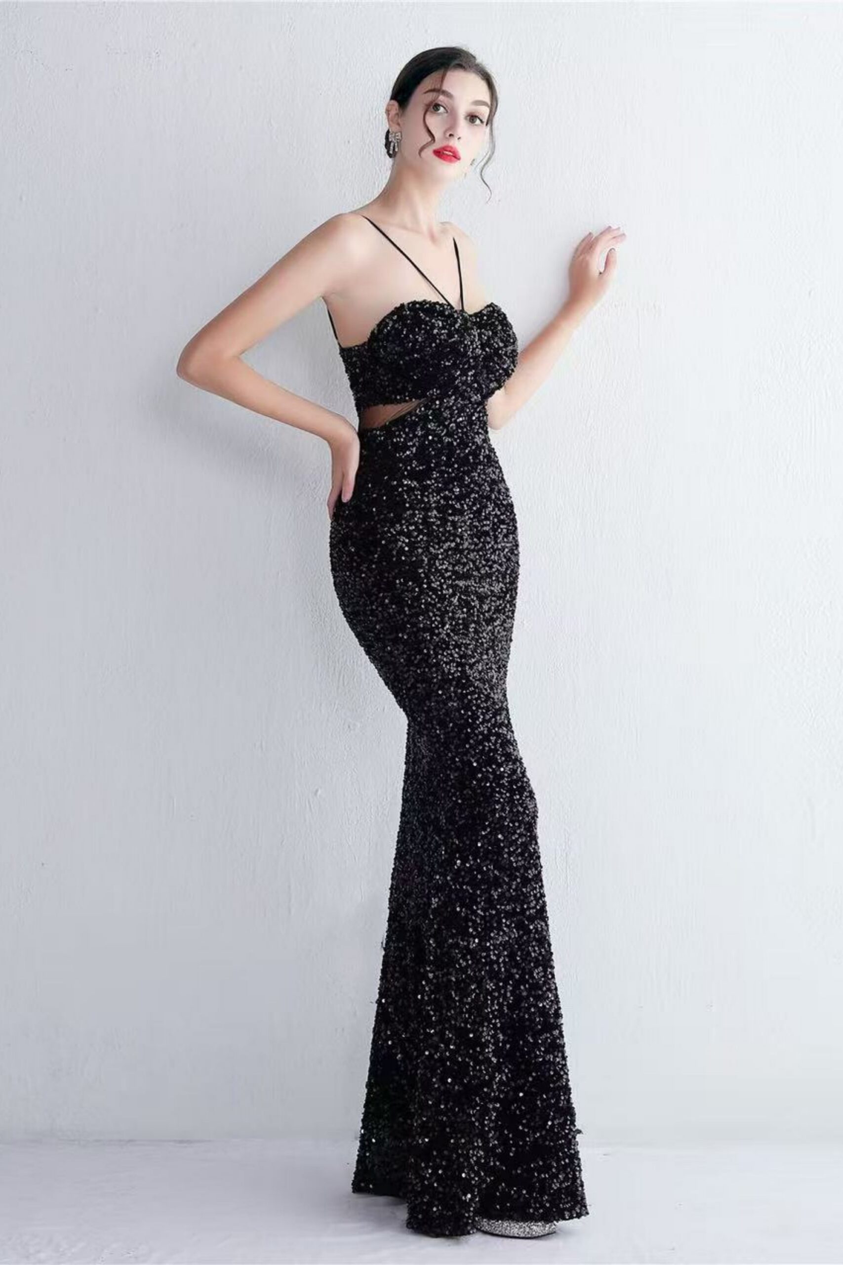 MARIAN BLACK CUTOUT SEQUIN HALTER MAXI DRESS