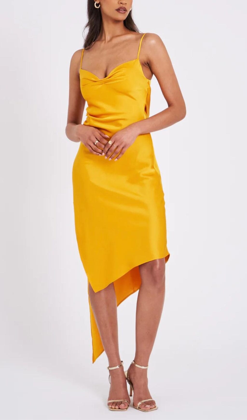 ORANGE SATIN DRAPE MIDI DRESS, COCKTAIL