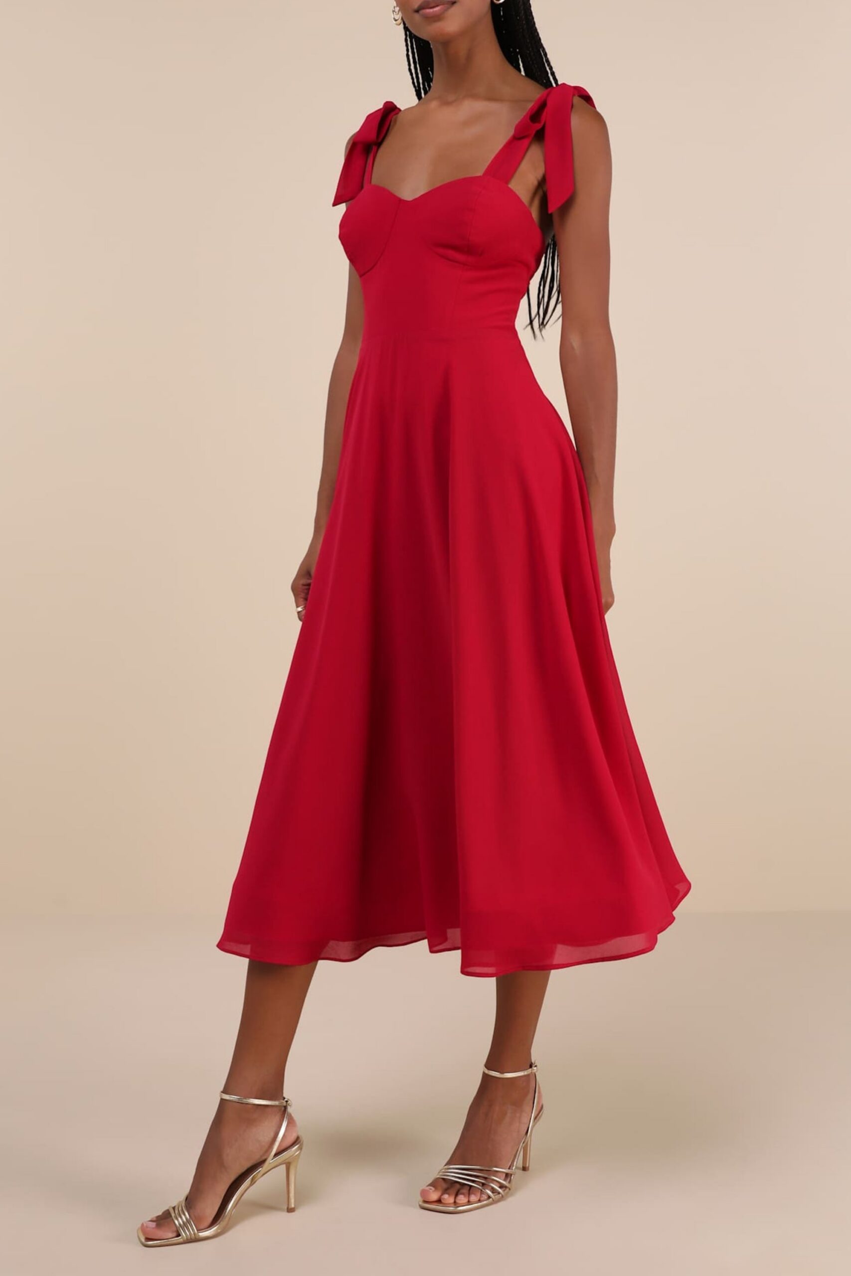 BERRY RED TIE-STRAP A-LINE MIDI DRESS