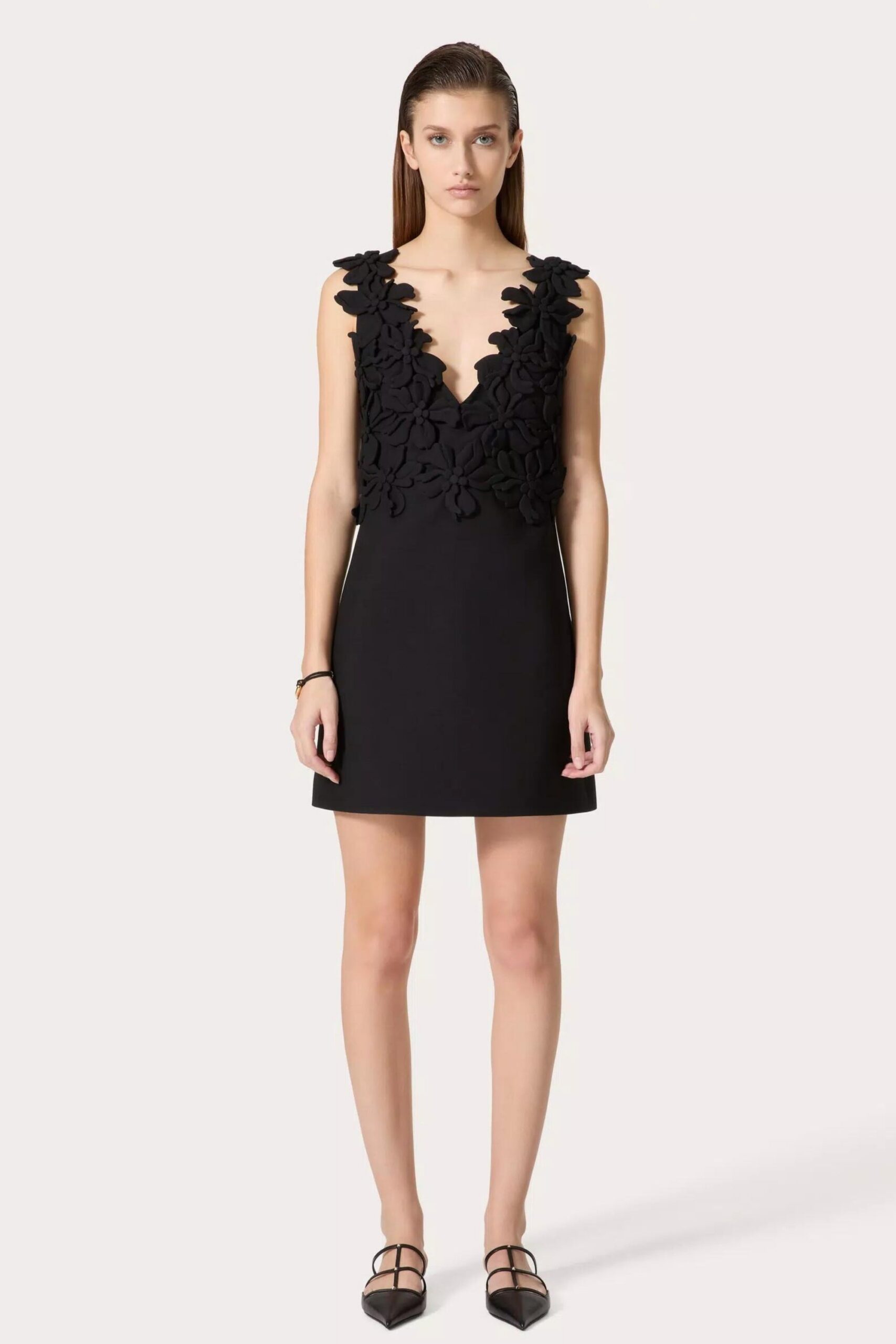 FLORAL V-NECK MINI DRESS BLACK WEDDING GUEST