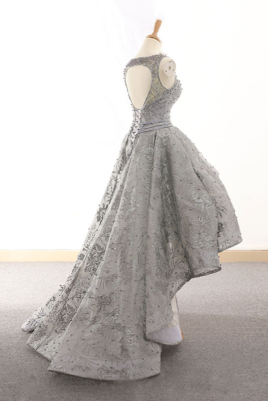 GRAY TULLE LACE HIGH LOW PROM DRESS