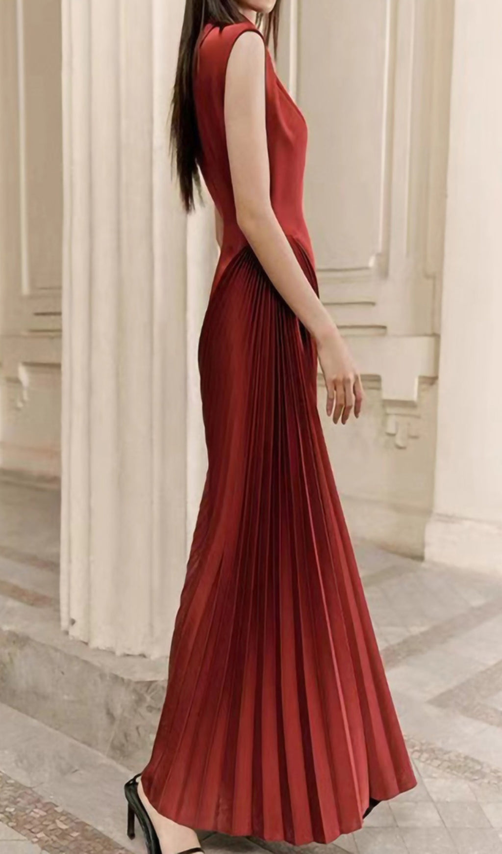 RED PLEATED MIDI DRESS FOR WEDDING GUEST